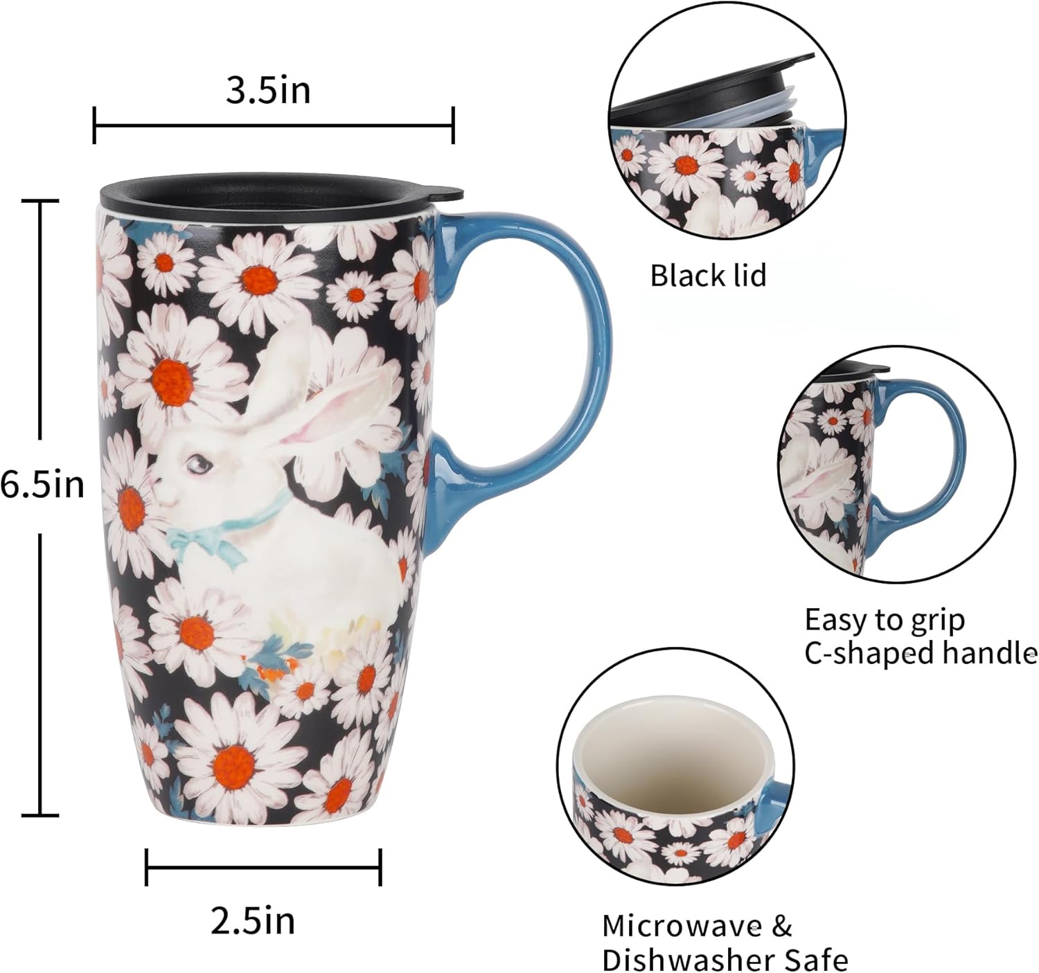 DUSVALLY Taza de cerámica para café, taza de café de viaje, taza de té con leche de porcelana con tapa y caja de color, 17 onzas, taza alta grande,