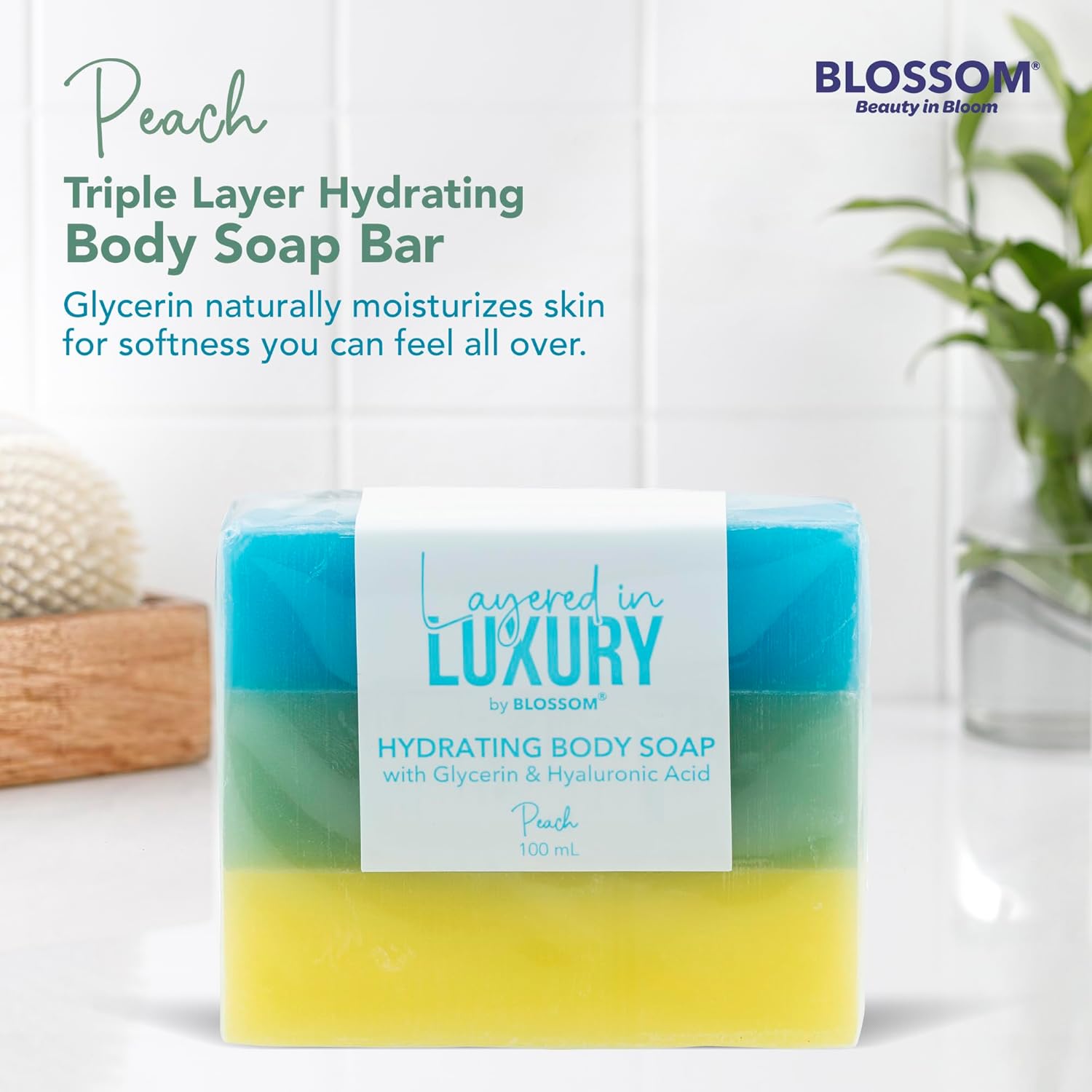 Blossom En capas de lujo de triple capa hidratante + jabón corporal hidratante para mujeres + hombres con glicerina y ácido hialurónico, libre de