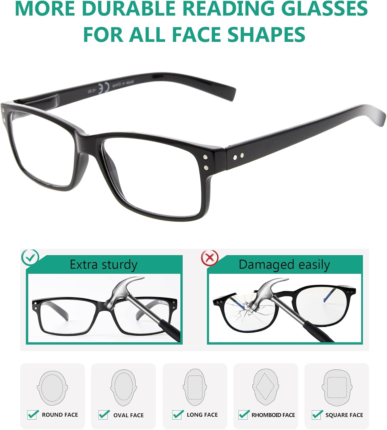 Eyekepper Paquete de 5 lentes de lectura para hombre, bisagras de resorte, gafas clásicas, marco negro, sin aumentos