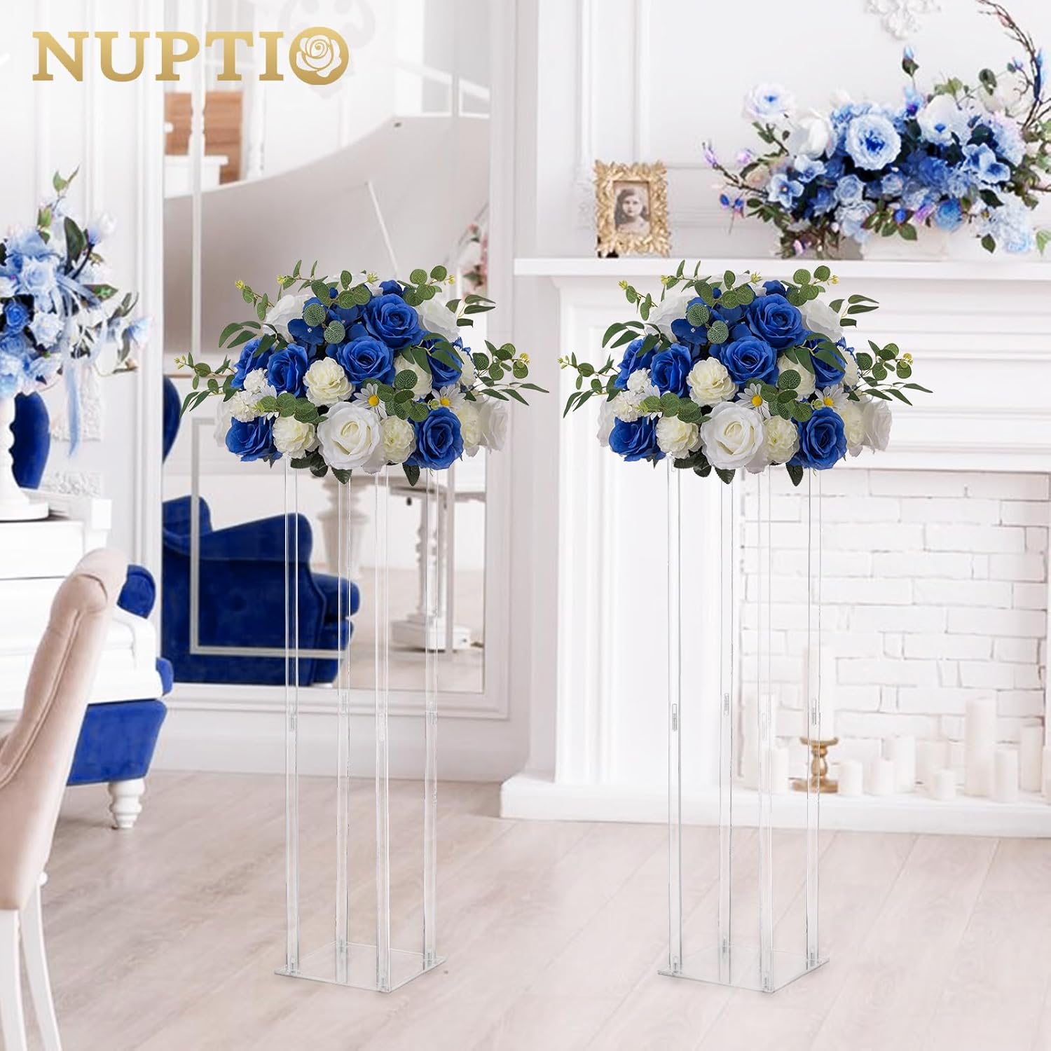NUPTIO Ramo de arreglo de bolas de flores, 10 unidades de 17.7 pulgadas de diámetro, flores falsas azul real y blanco, bolas de rosas para centros