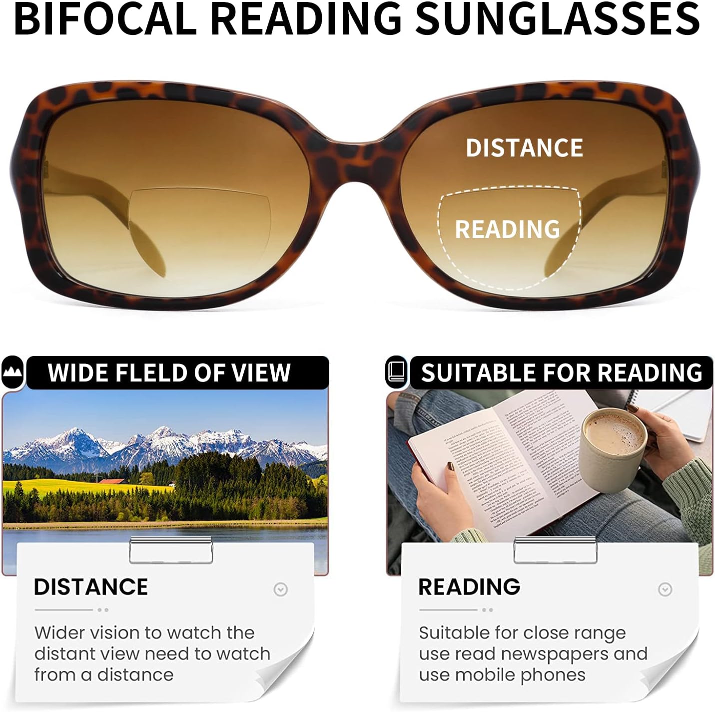 JM Paquete de 2 lentes de lectura bifocales clásicos, cuadrados, elegantes, degradados, para mujer +2.25