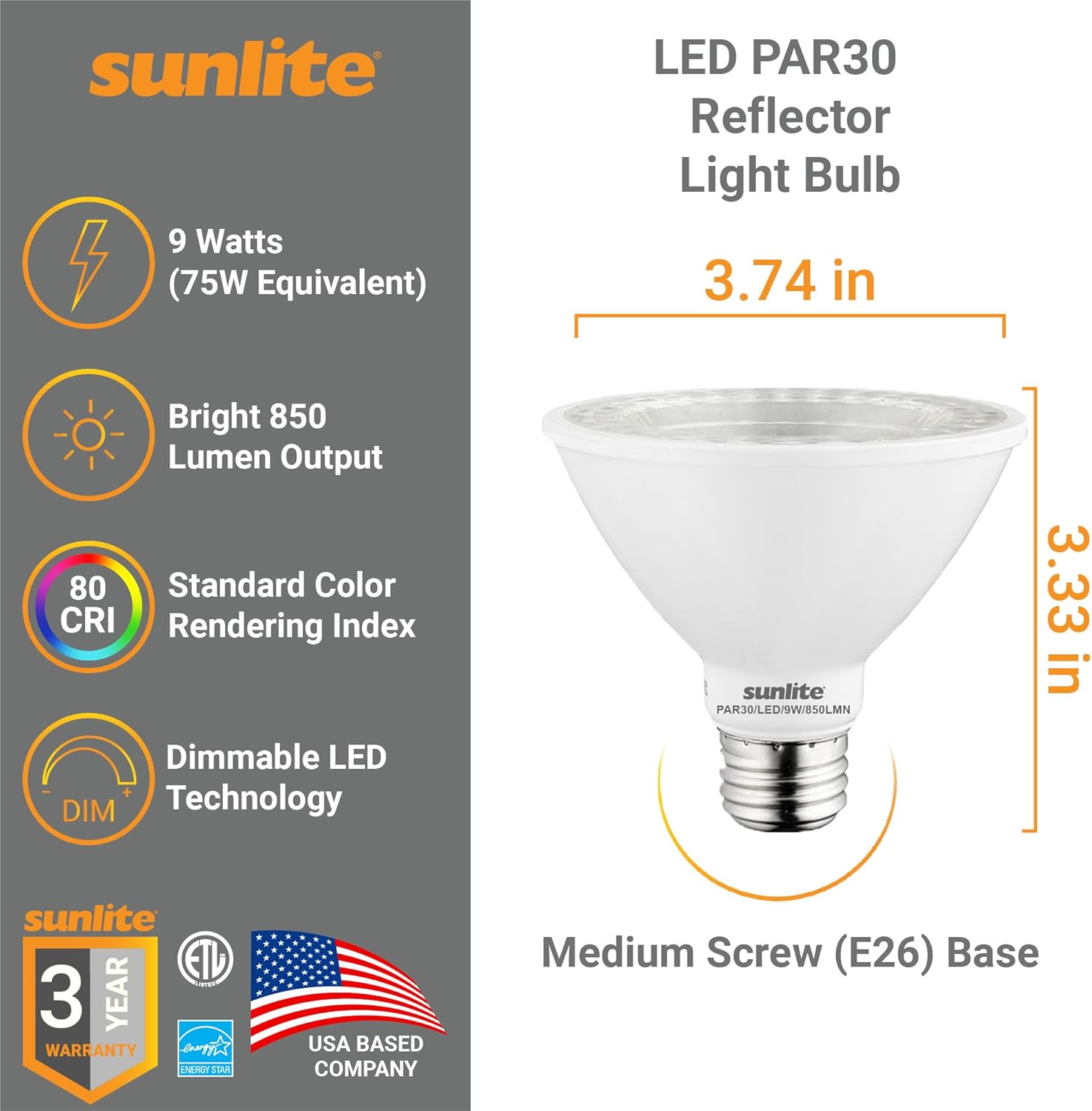 Sunlite 40982-SU – Bombilla LED PAR30 de cuello corto, 9 vatios, (equivalente a 75 W), 850 lúmenes, base de tornillo medio (E26), regulable,