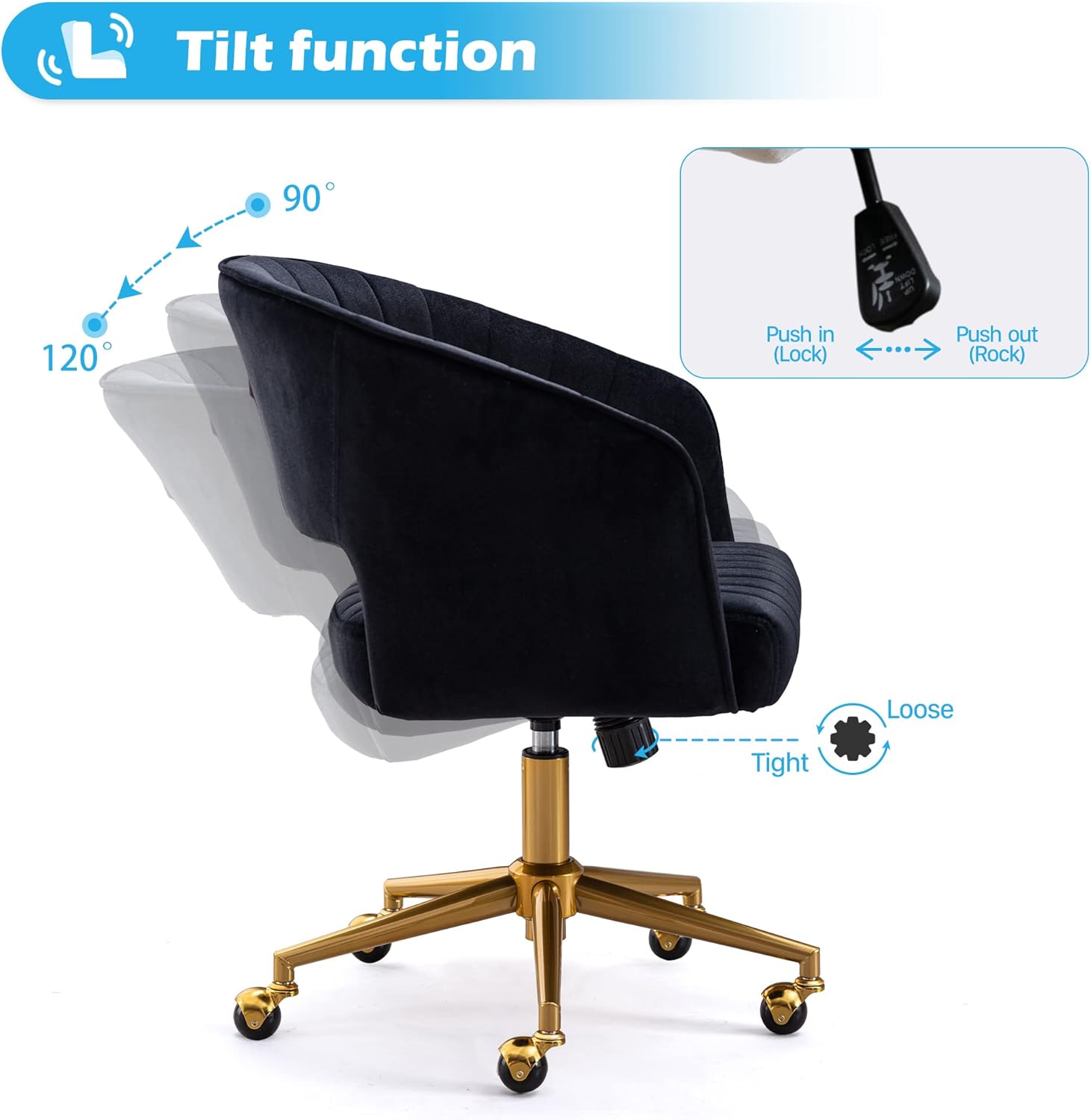 Silla de oficina en casa, silla giratoria de terciopelo para escritorio, sillón tapizado moderno con base dorada para niñas y mujeres, asiento de