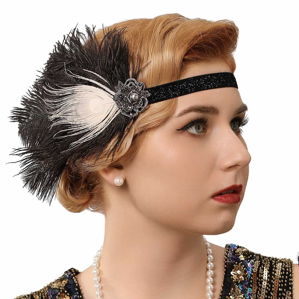 Diadema tipo flapper de los años 20, tocados de plumas negras, accesorios para la cabeza de cóctel para mujer (estilo 1)