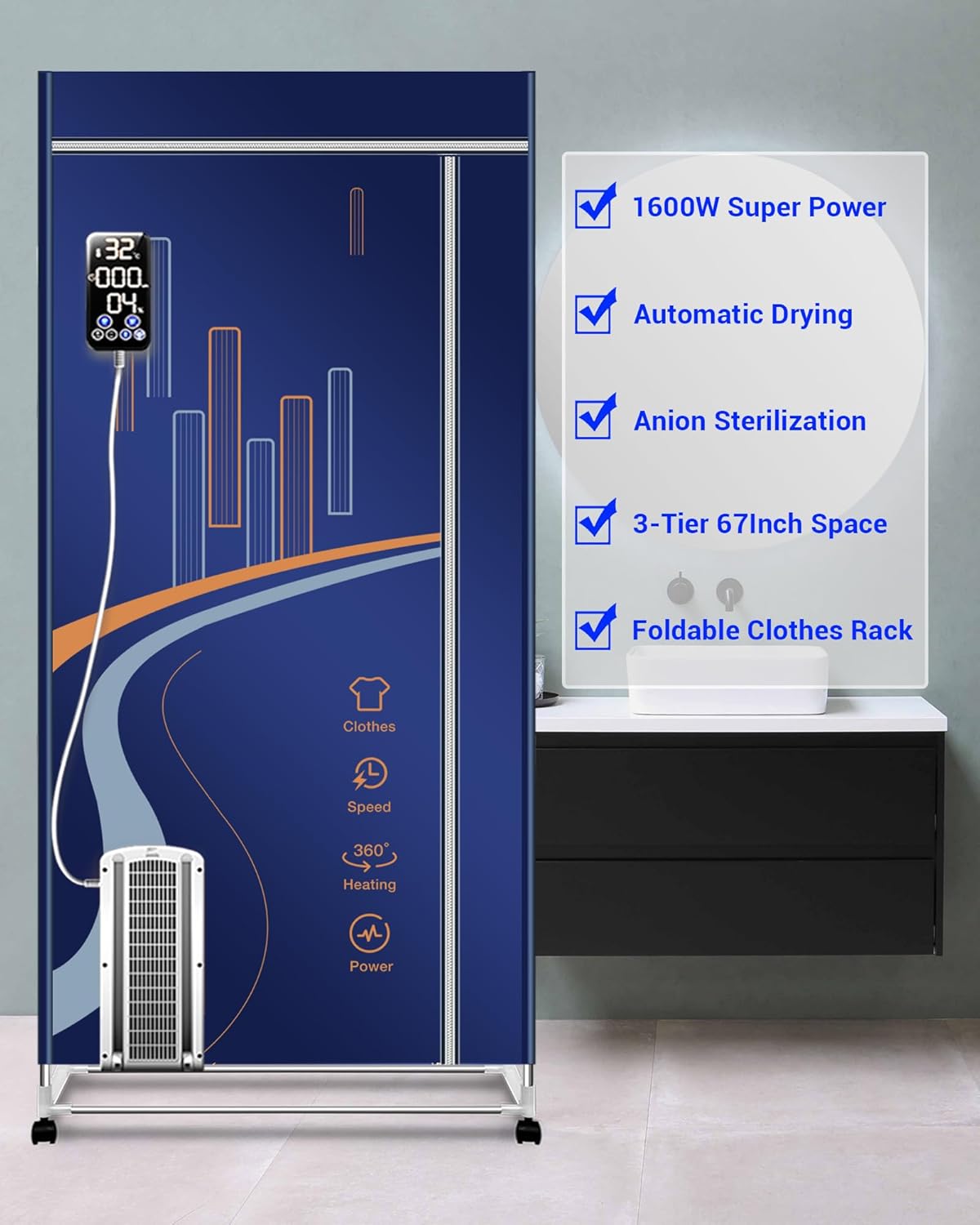 Secadora de ropa, capacidad de 35 libras, secadora portátil de 67 pulgadas (anión), 1600 W-3 niveles plegable, secadora portátil de ahorro de
