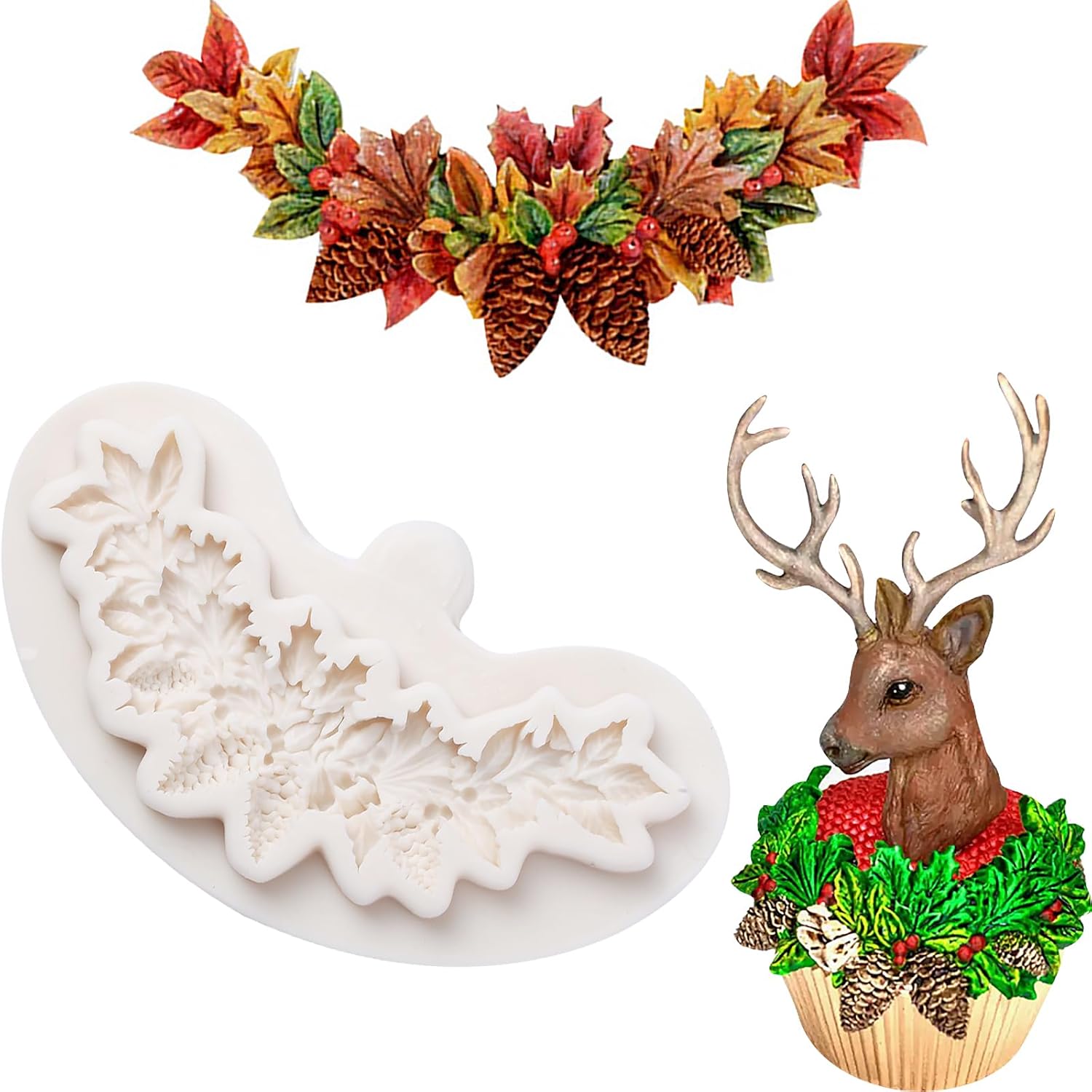 Moldes de fondant de cono de pino de Navidad, hojas de chocolate y dulces, decoración de pasteles de silicona para galletas, mazapán, mousse,