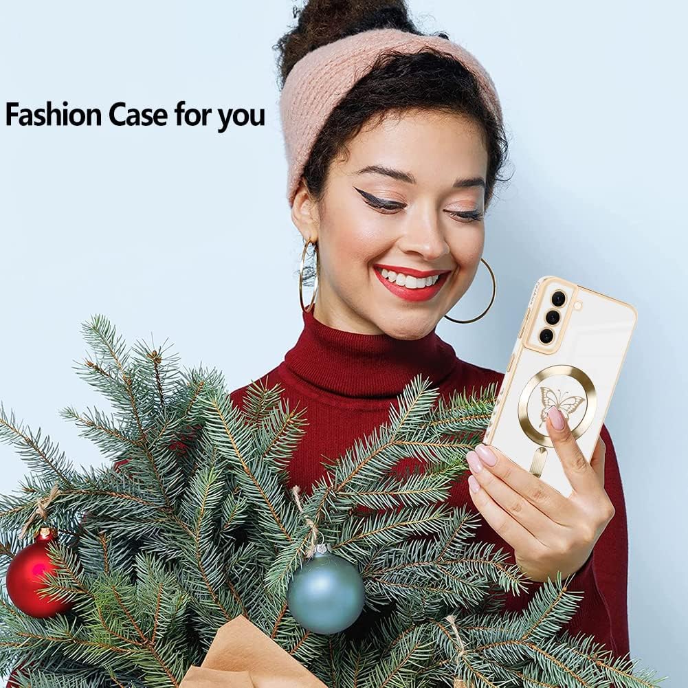 Fiyart Diseñada para Samsung S22, compatible con carga inalámbrica magnética, bonita funda de teléfono con protección de lente de cámara para