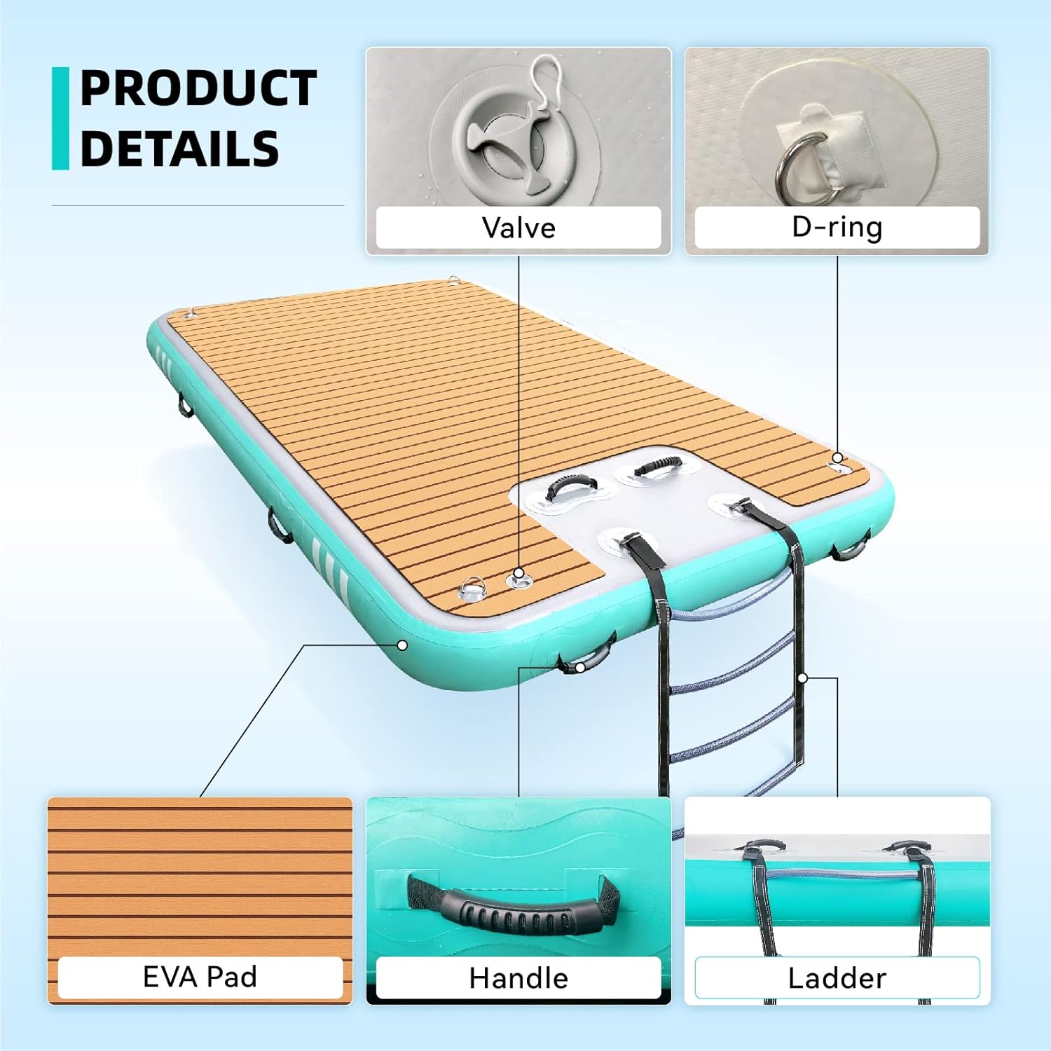 Balsa flotante inflable de plataforma con escalera y bomba de aire eléctrica, 8 x 5 pies, la mejor alfombra de agua flotante, muelles flotantes