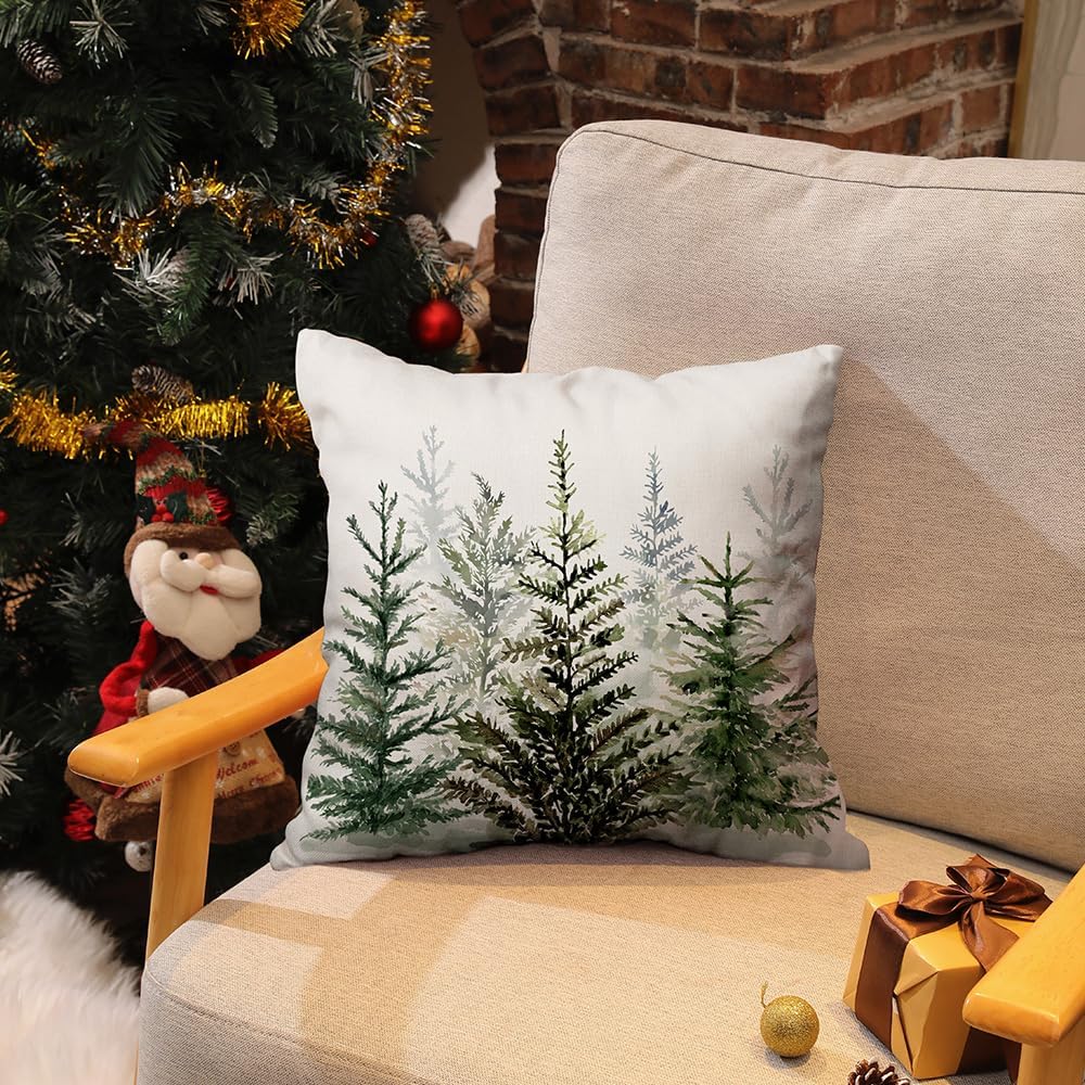 DFXSZ Juego de 2 fundas de almohada de Navidad de 18 x 18 pulgadas, diseño de acuarela azul y verde, árbol de Navidad, estilo rústico, estampado de