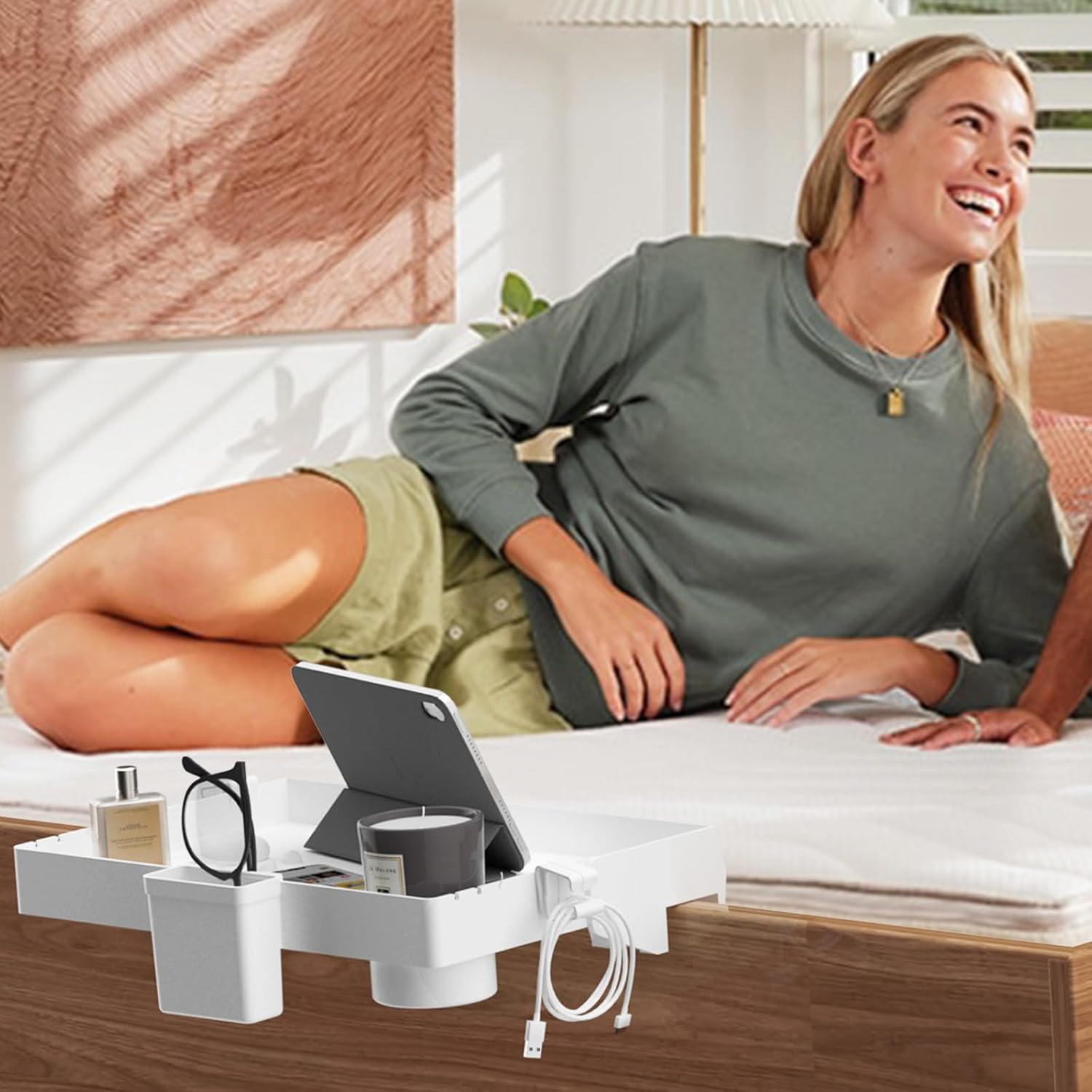 SPACEKEEPER Estante de noche para cama, organizador plegable para litera superior, dormitorio universitario, artículos esenciales de la habitación,
