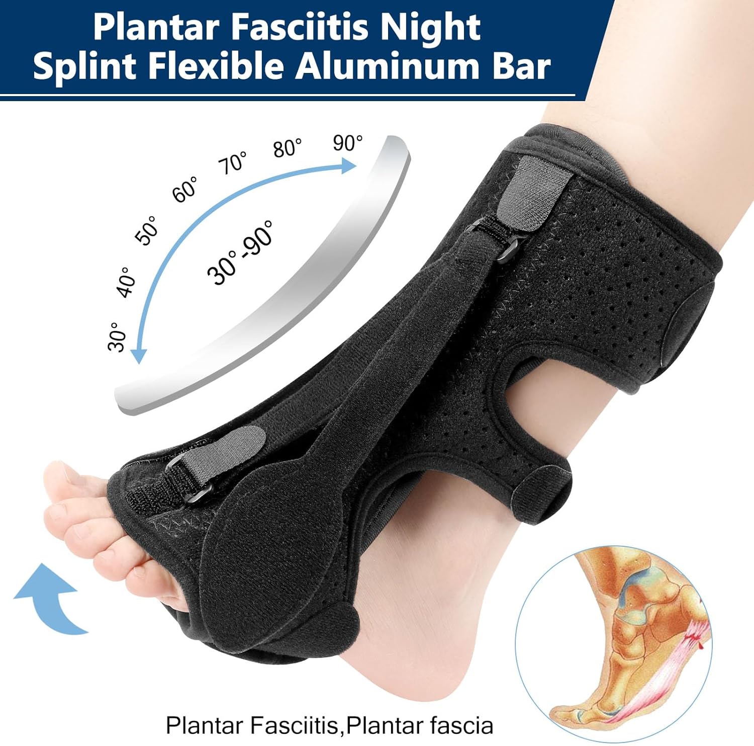 Férula nocturna para fascitis plantar, soporte de alivio de fascitis plantar, 3 correas ajustables, alivio de la fascitis plantar para fascitis