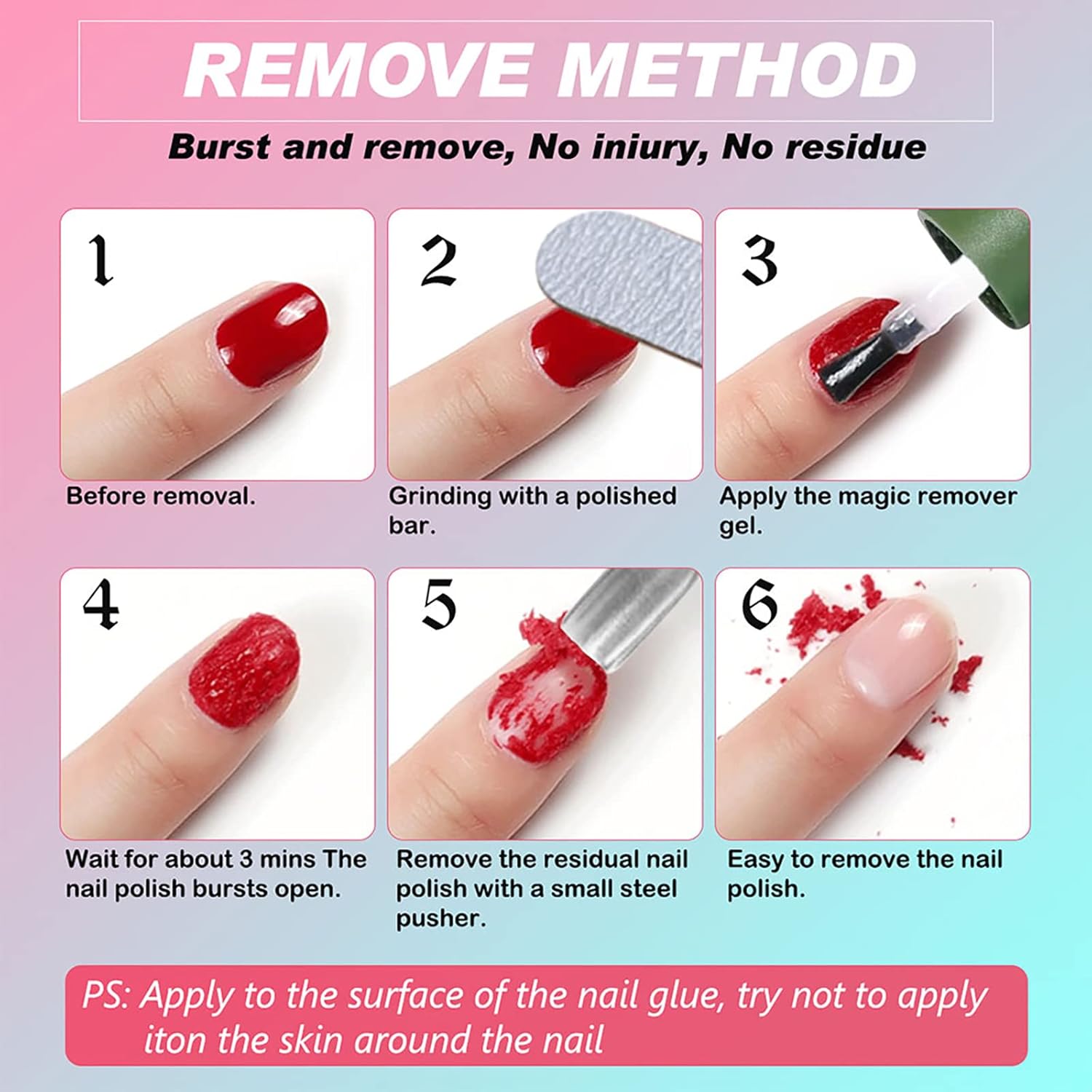 Kit profesional de removedor de esmalte de uñas de gel, solución de remojo rápida y fácil para uñas de gel en 2-3 minutos, incluye empujador de