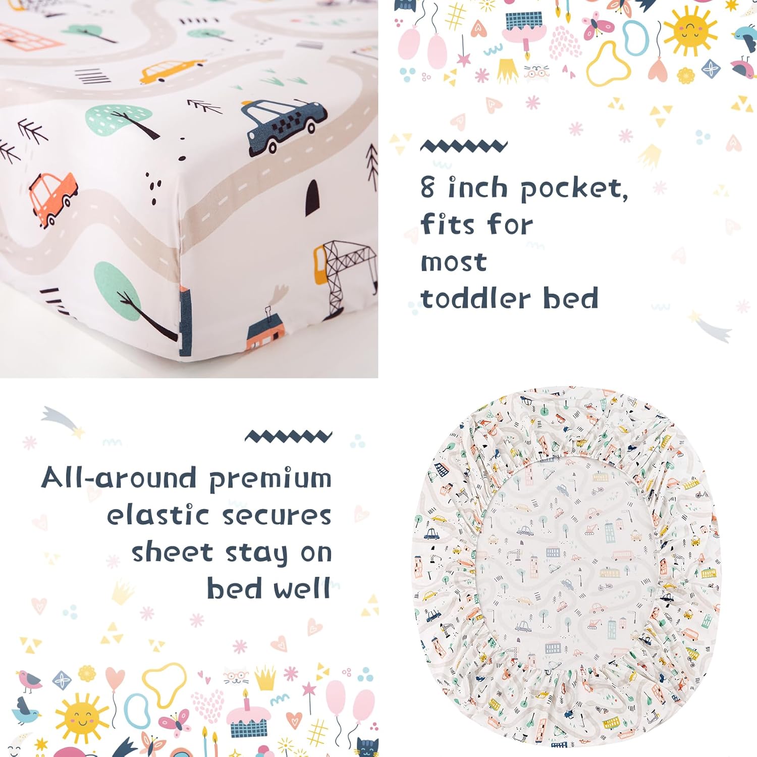 JSD Juego de ropa de cama de 4 piezas con estampado de coches para niños y niñas, incluye sábana encimera, sábana bajera, edredón acolchado y funda