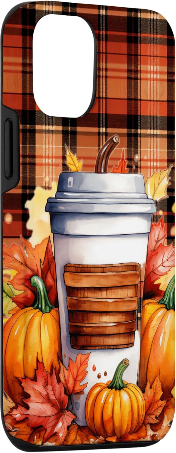 Funda para iPhone 1212 Pro Tartan Plaid Coffee Latte Otoño Calabaza Acción de Gracias