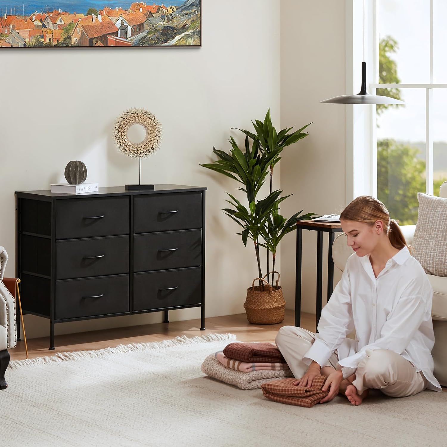 Sweetcrispy Cómoda de tela con 6 cajones – Almacenamiento para dormitorio con soporte de TV