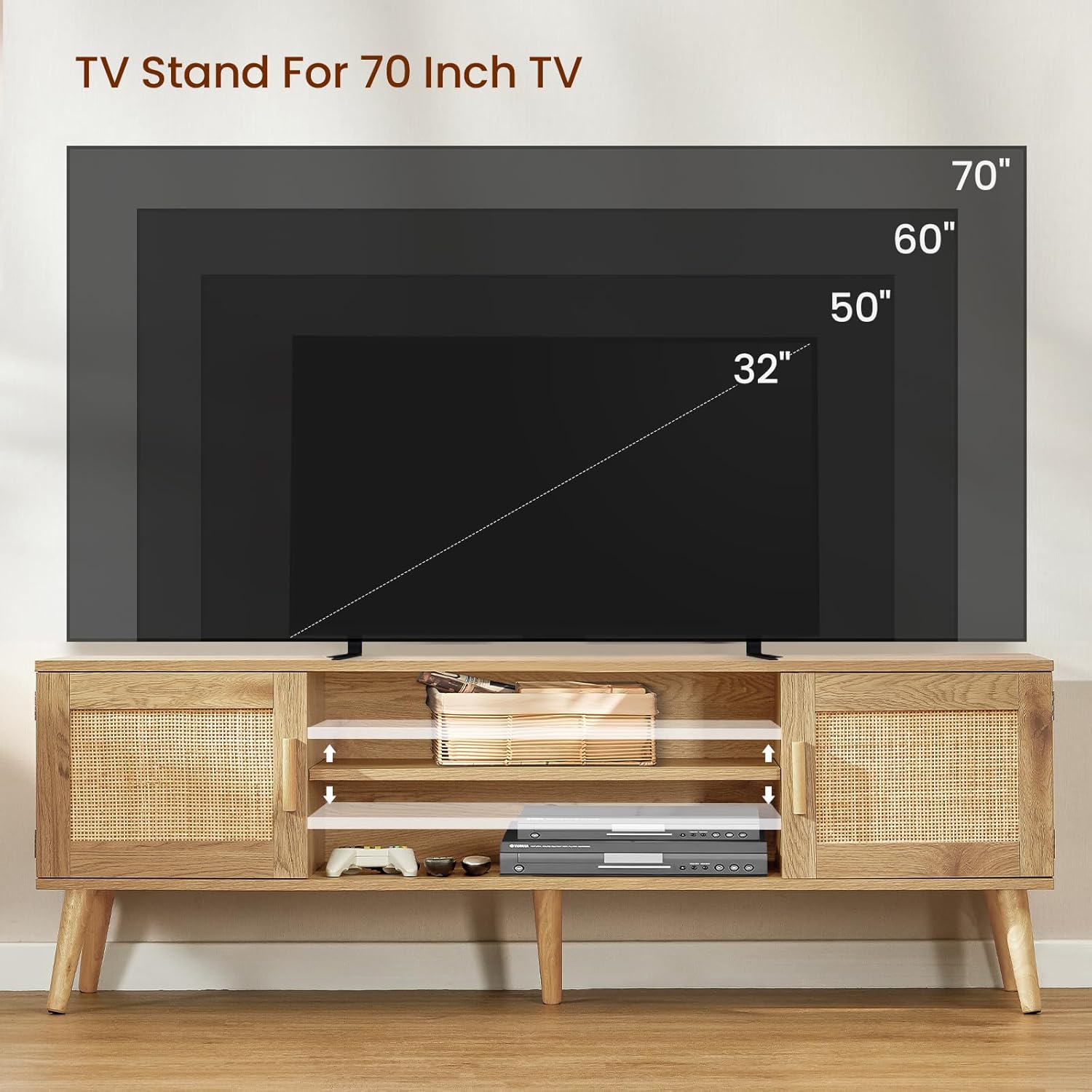 Iwell Soporte de TV bohemio de ratán para TV de 55, 65, 70 pulgadas, consola de TV grande, centro de entretenimiento con estante ajustable y 2