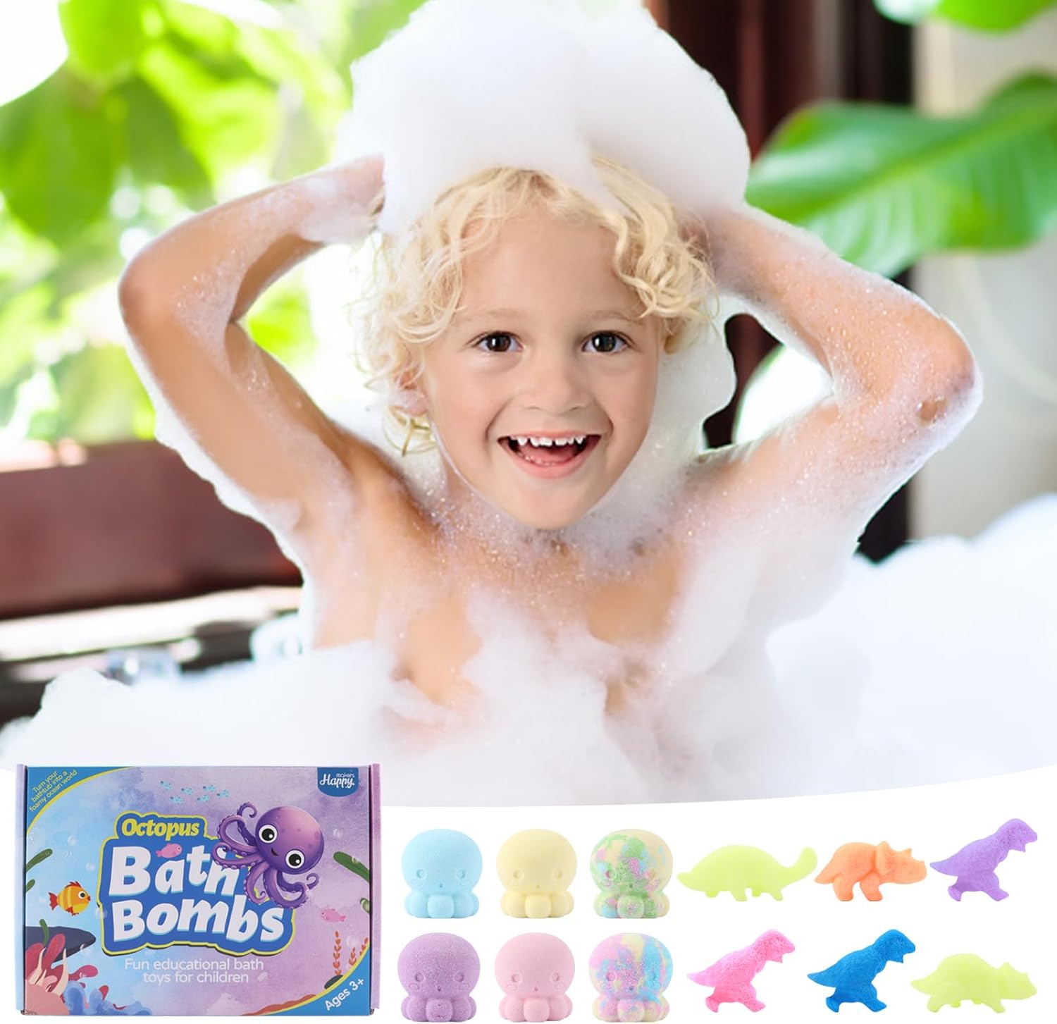 Bombas de baño para niños con juguetes sorpresa en el interior, juego de bombas de baño de pulpo, regalo con dinosaurio, 6 aromas × 4.23 onzas