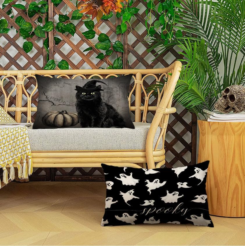 Fundas de almohada de Halloween de 12 x 20 pulgadas, juego de 4 fundas de almohada decorativas de truco o trato, fundas de almohada de gato negro,