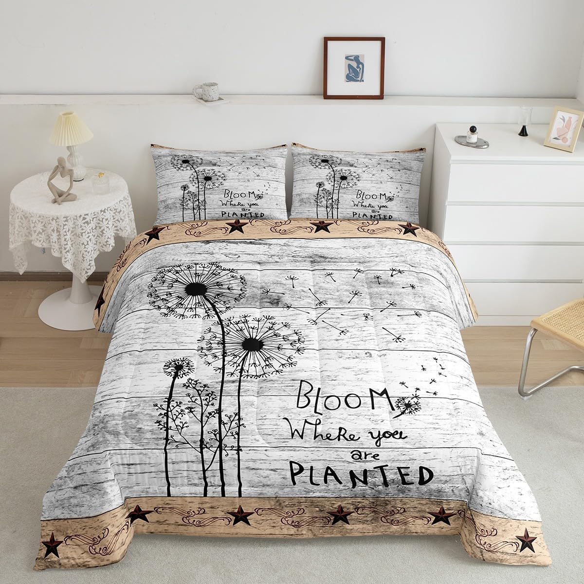 Erosebridal Juego de edredón de diente de león con diseño de estrella de Texas occidental para niños y niñas, juego de edredón de tablones de madera