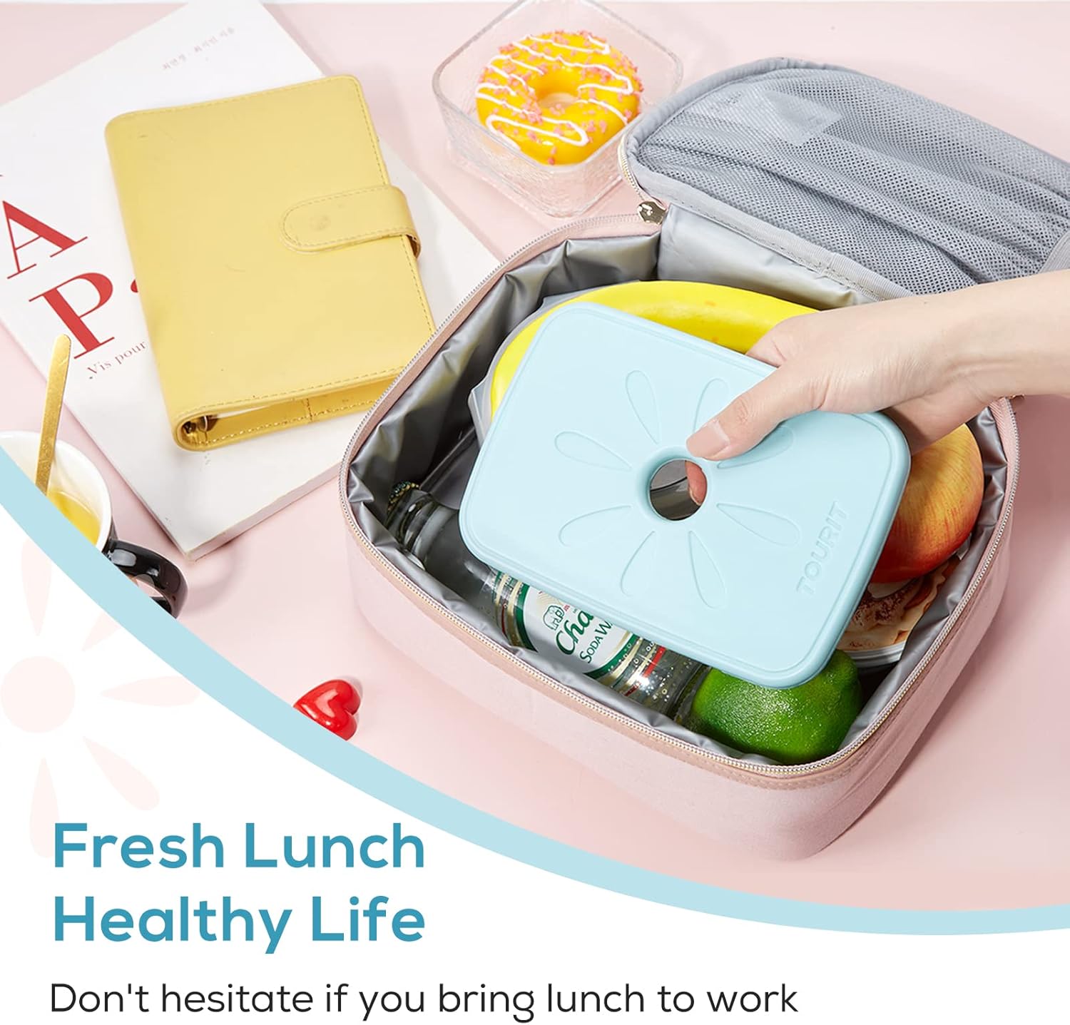 TOURIT Bolsa de almuerzo con doble compartimento para mujer, aislada, con bolsas de hielo reutilizables para loncheras, bolsas de larga duración