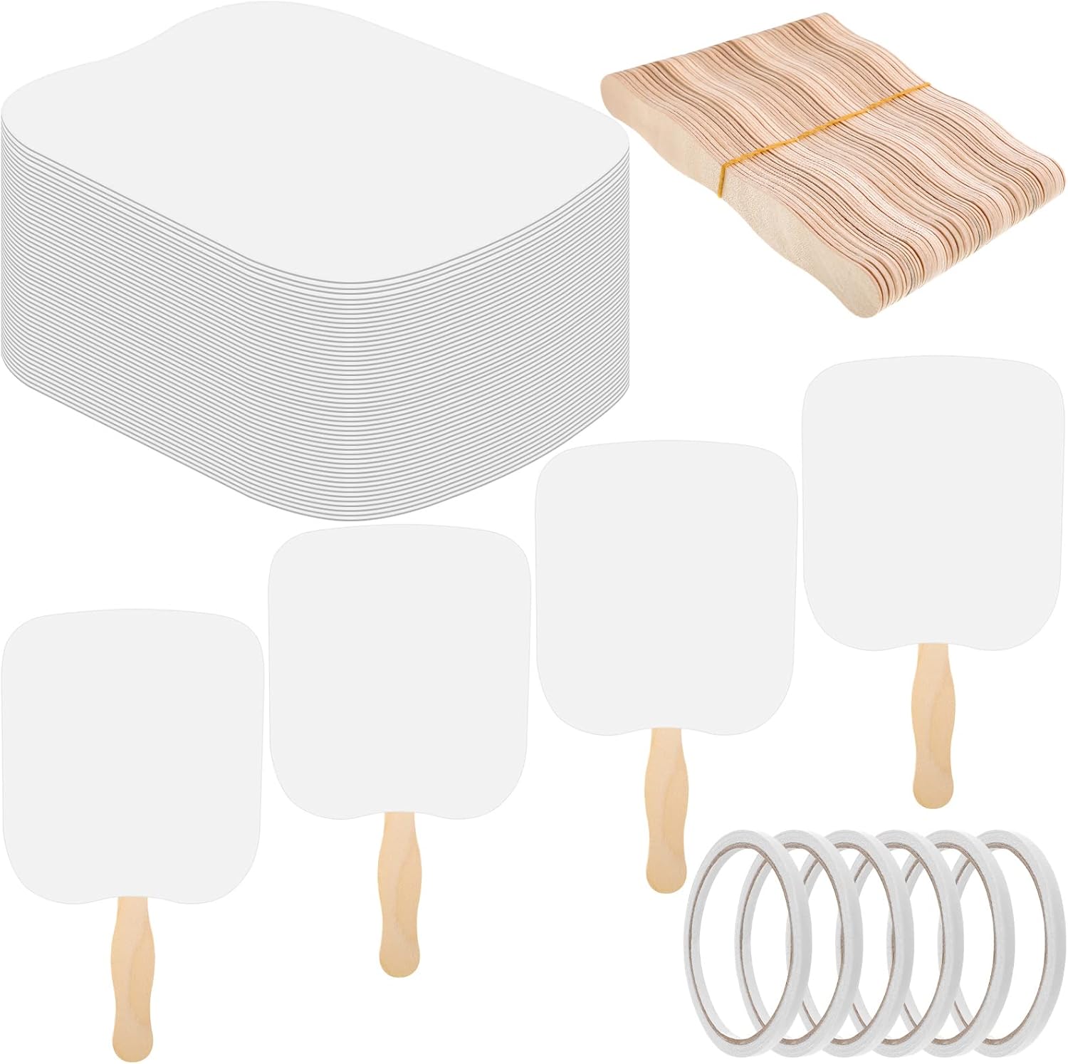 Palitos de madera ondulados, cartulina blanca en blanco, cinta de doble cara, abanicos de iglesia para manualidades, pintura, abanicos de palo,