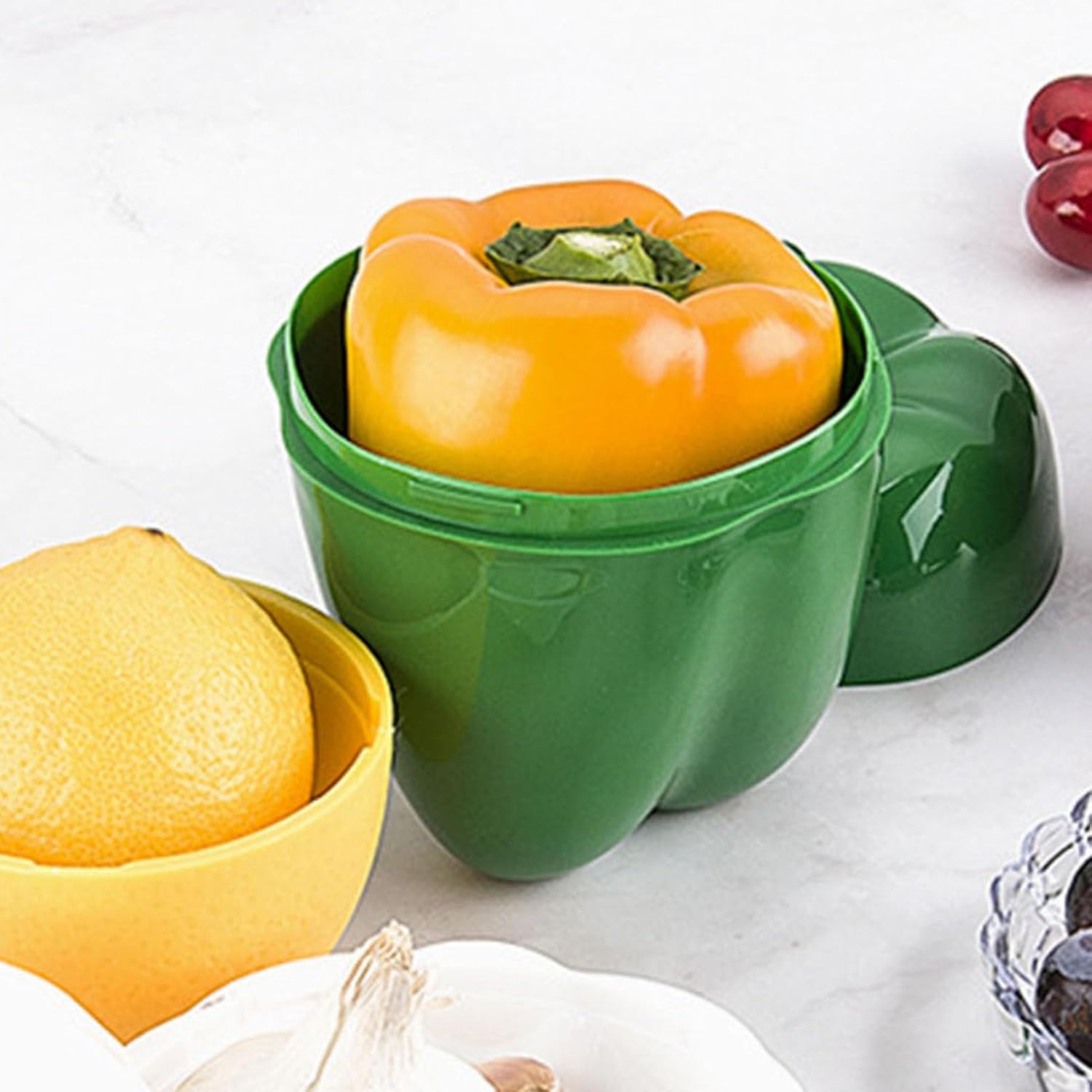 Juego de 6 recipientes con forma de frutas y verduras para guardar alimentos frescos, aguacate, limón, tomates, pimienta, cebolla, ajo,