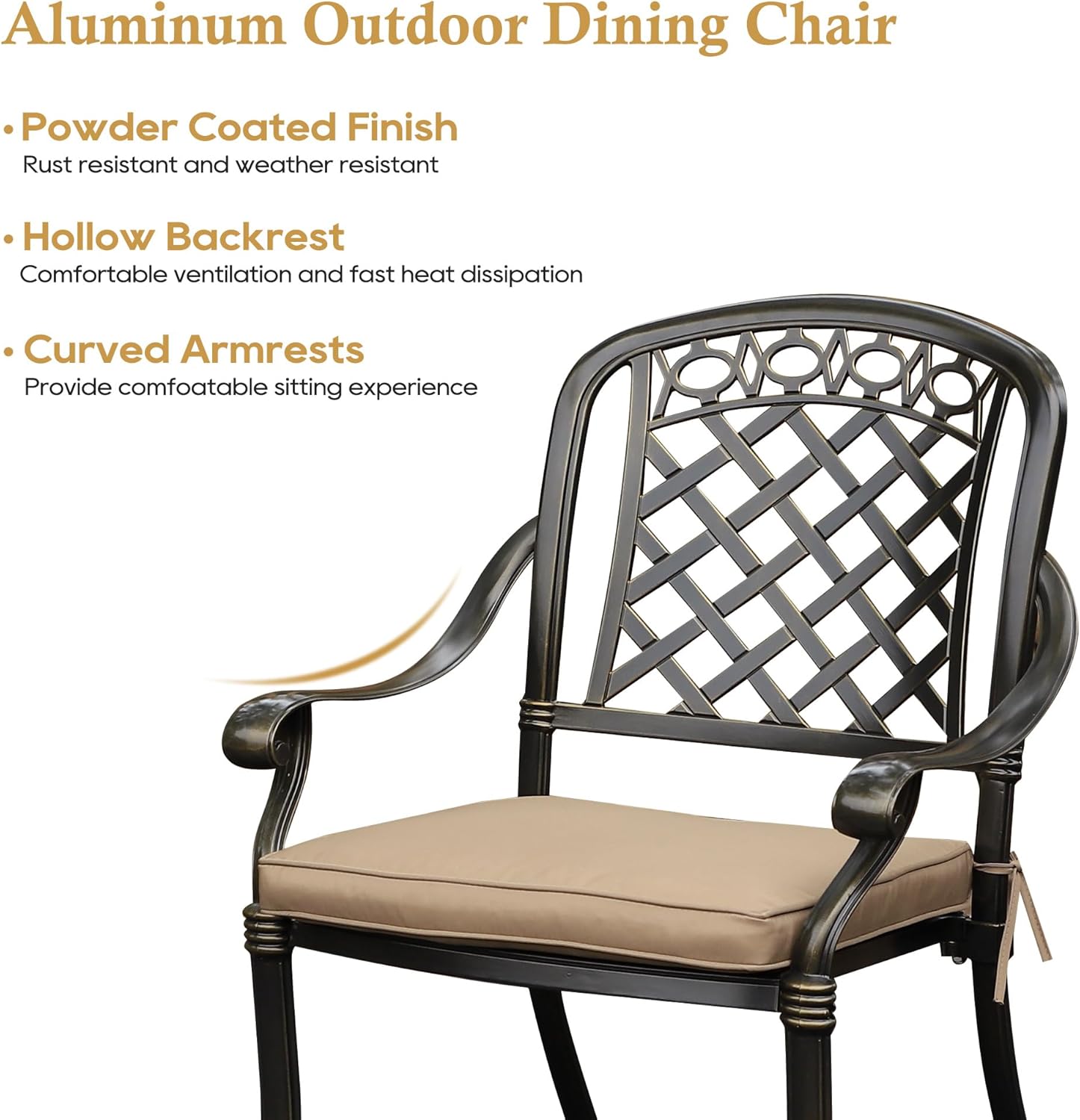 Juego de 2 sillas de comedor de aluminio fundido para patio, para todo tipo de clima, con reposabrazos y cojín, sillas de comedor apilables para