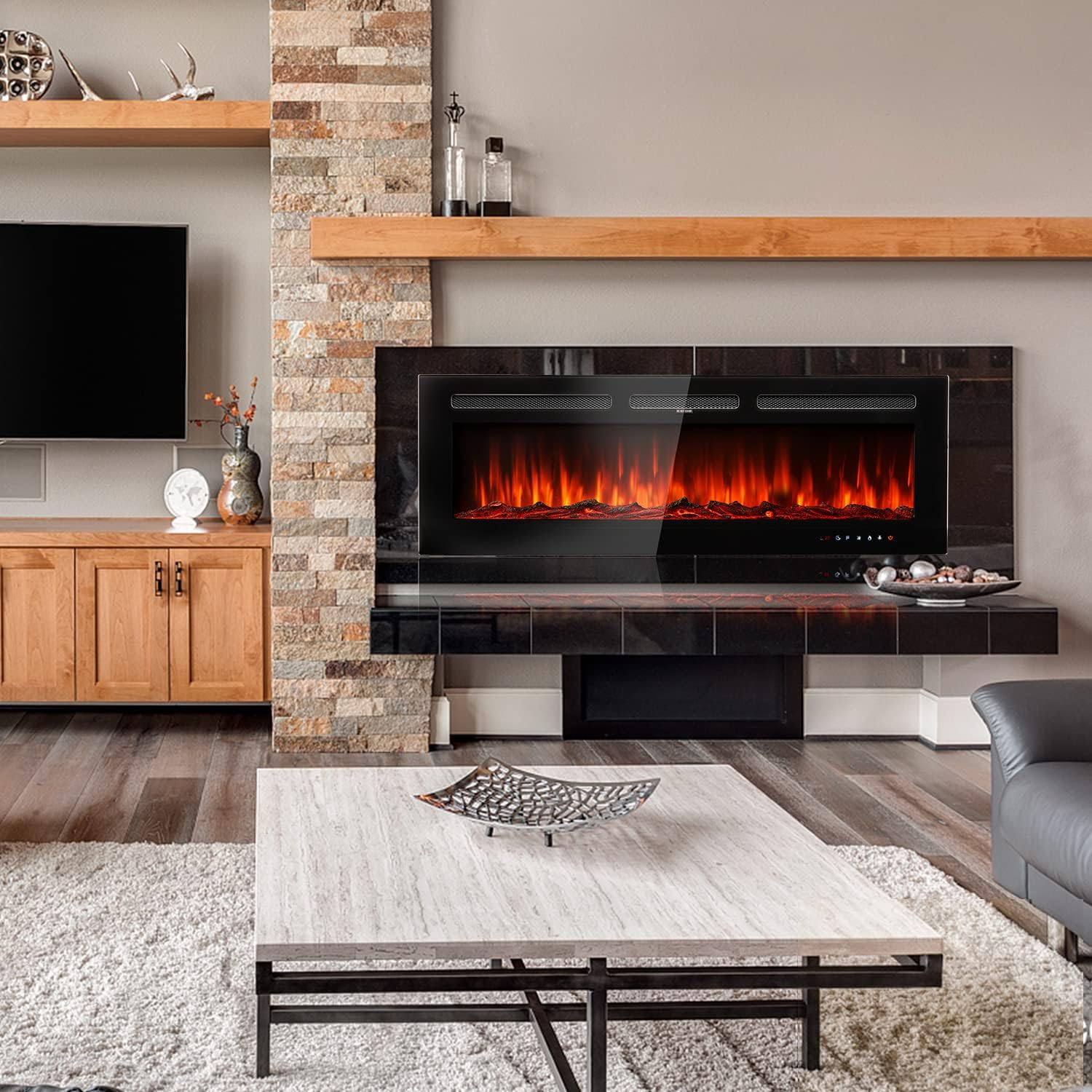 Chimenea eléctrica de 50 pulgadas montada en la pared y empotrada con control remoto y control de panel táctil, temporizador, 12 niveles ajustables