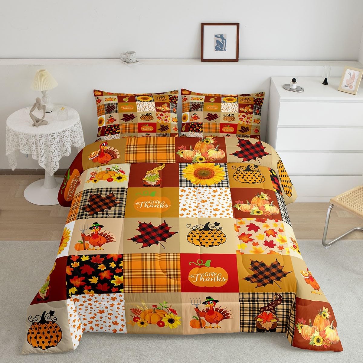 Juego de edredón de cuadrícula de calabaza otoñal, rústico, de granja, hoja de arce, girasol, juego de edredón de Acción de Gracias, Turquía, para