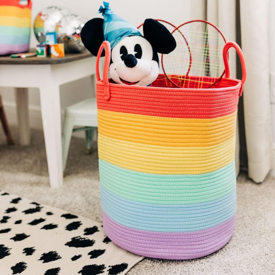 OrganiHaus Cesta de almacenamiento para sala de juegos para decoración de arcoíris de 15 x 18 pulgadas  Cesta alta para manta para sala de estar