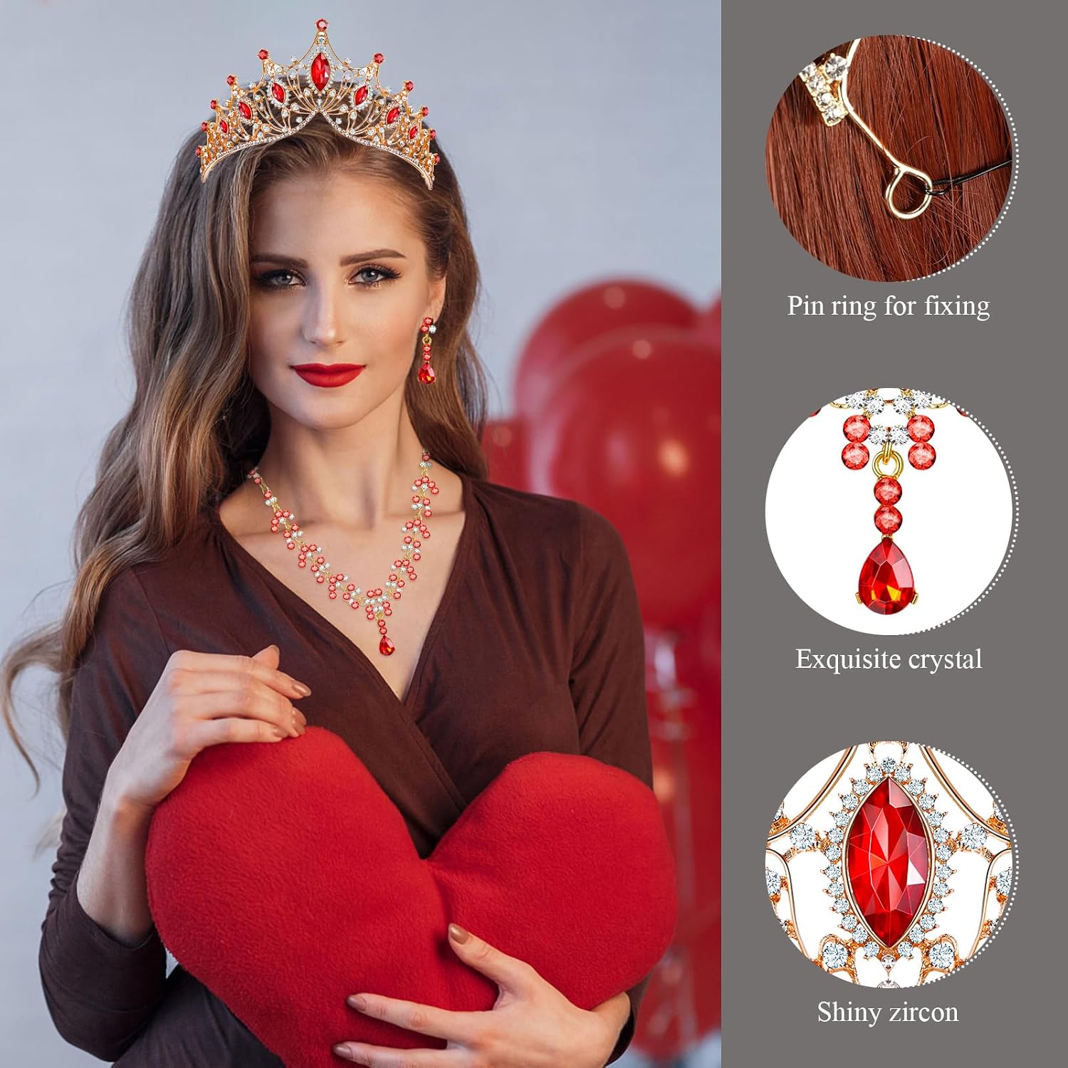 Hicarer Juego de 3 piezas de corona barroca de reina, aretes de tiara, collar, diadema de cristal, tiaras y coronas para mujer, joyería de boda,