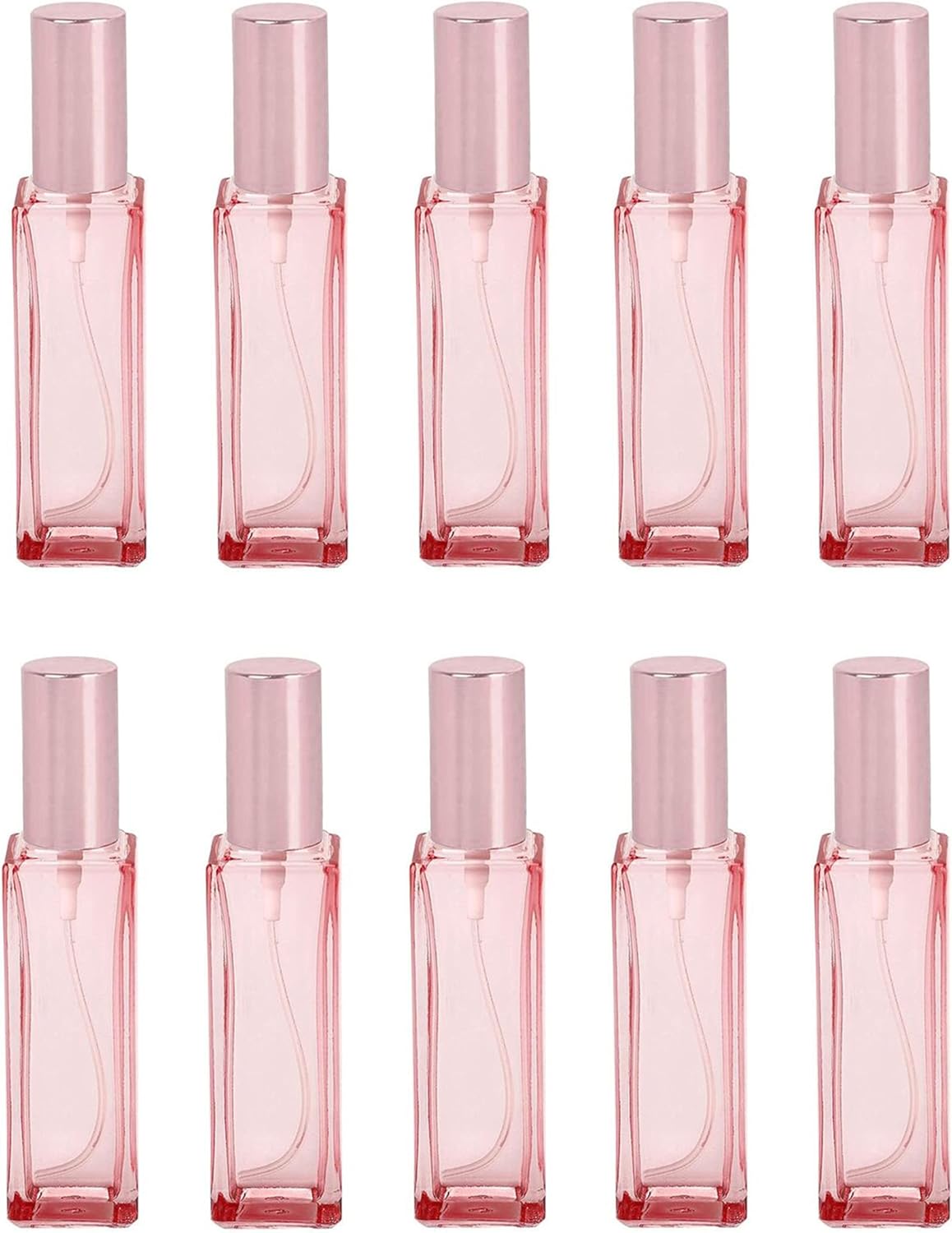 Botellas de perfume de vidrio de 0.7 onzas líquidas, botellas vacías de perfume en aerosol rosa con tapa de oro rosa, recargable, portátil,