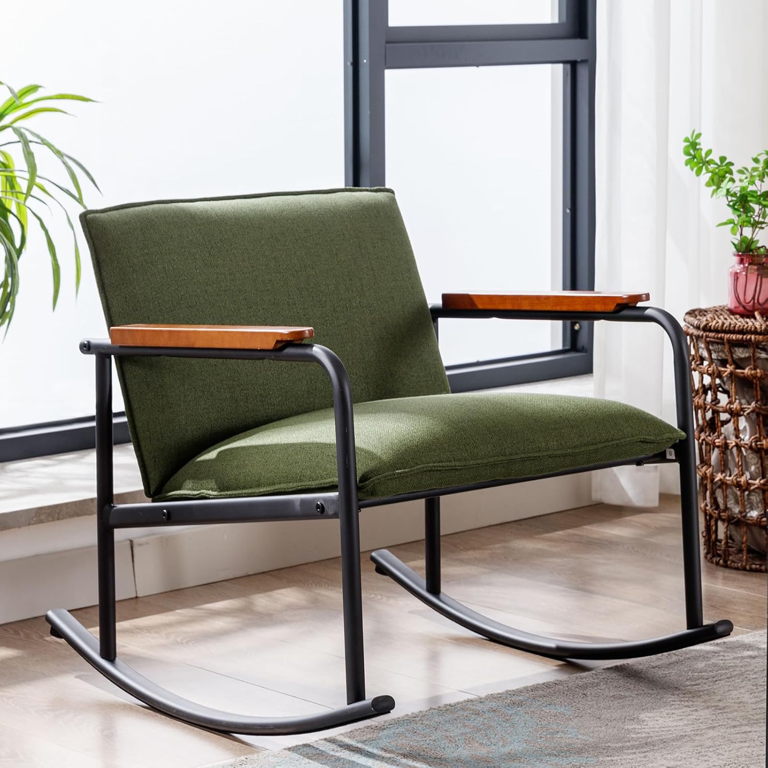 DUOMAY Modern Accent – Juego de 2 mecedoras tapizadas de mediados de siglo con base de metal, tela de lino, silla de guardería con agarres de madera