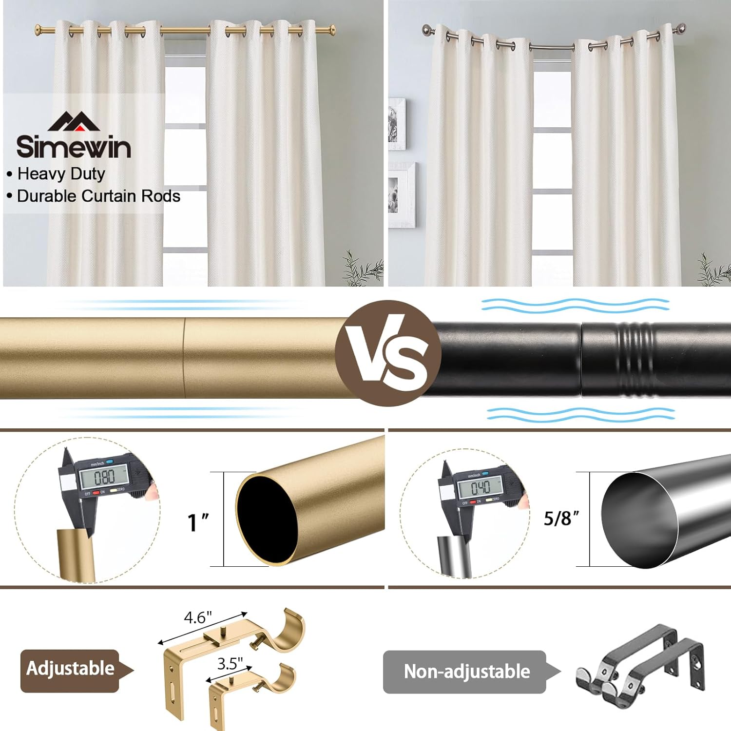 SIMEWIN Barras de cortina doradas para ventanas de 28 a 48 pulgadas, ajustable, de 1 pulgada de diámetro, juego de cortinero decorativo para ventana