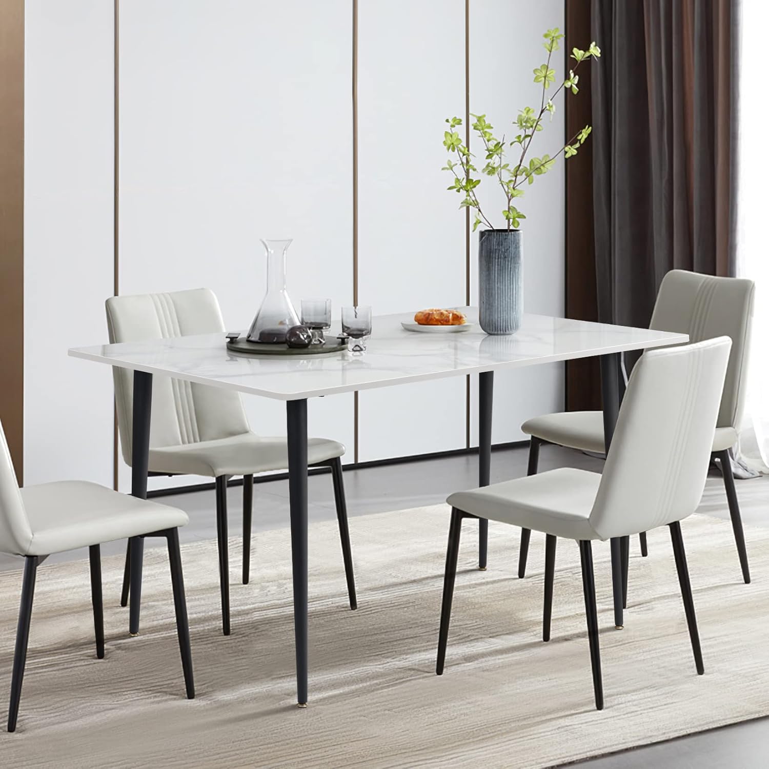 Wisfor Mesa de comedor de piedra sinterizada mesa de cocina blanca de 47.2 x 27.5 pulgadas con patas de metal para comedor – Mesa de restaurante de