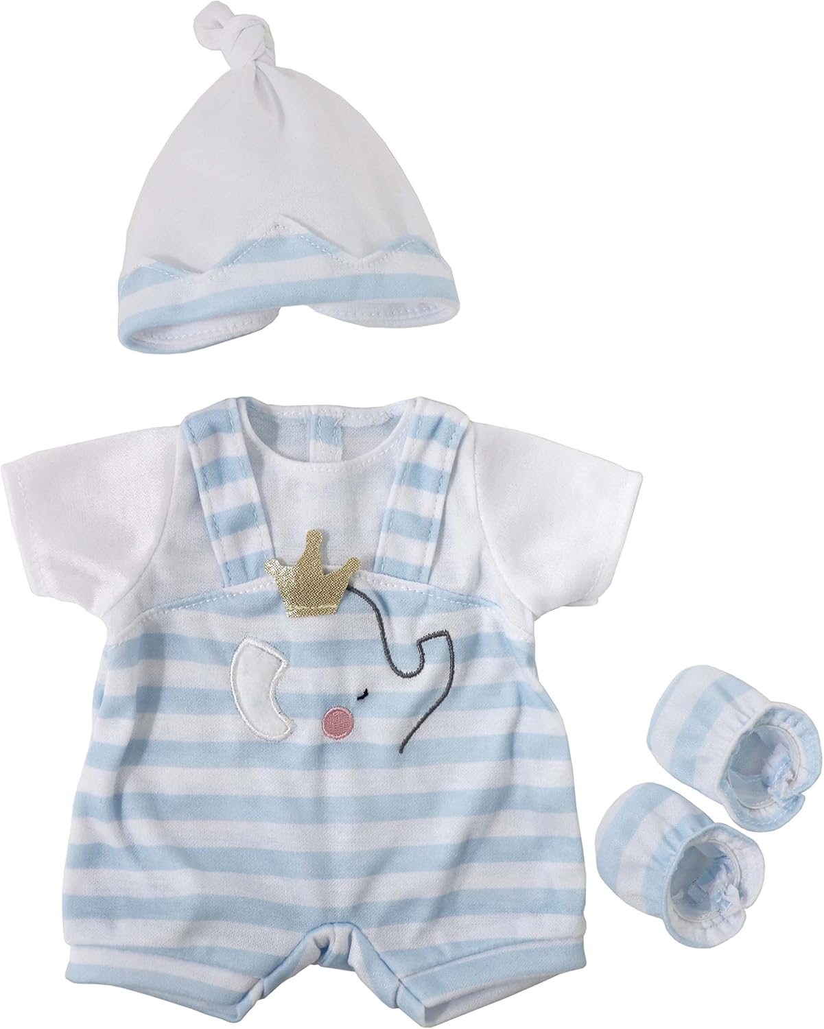 JC Toys Berenguer Boutique  Traje de muñeca bebé  Rayas azules y pantalones cortos blancos  Incluye diadema y botines  A partir de 2 años  Se adapta
