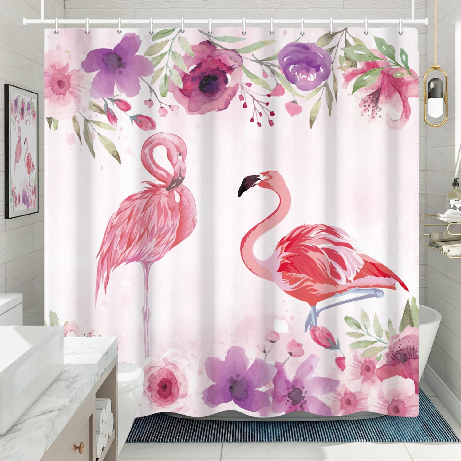 Cortinas de ducha de flamenco rosa para baño, cortina de ducha floral de 72 pulgadas de ancho x 72 pulgadas de largo, hoja de palma verde, planta