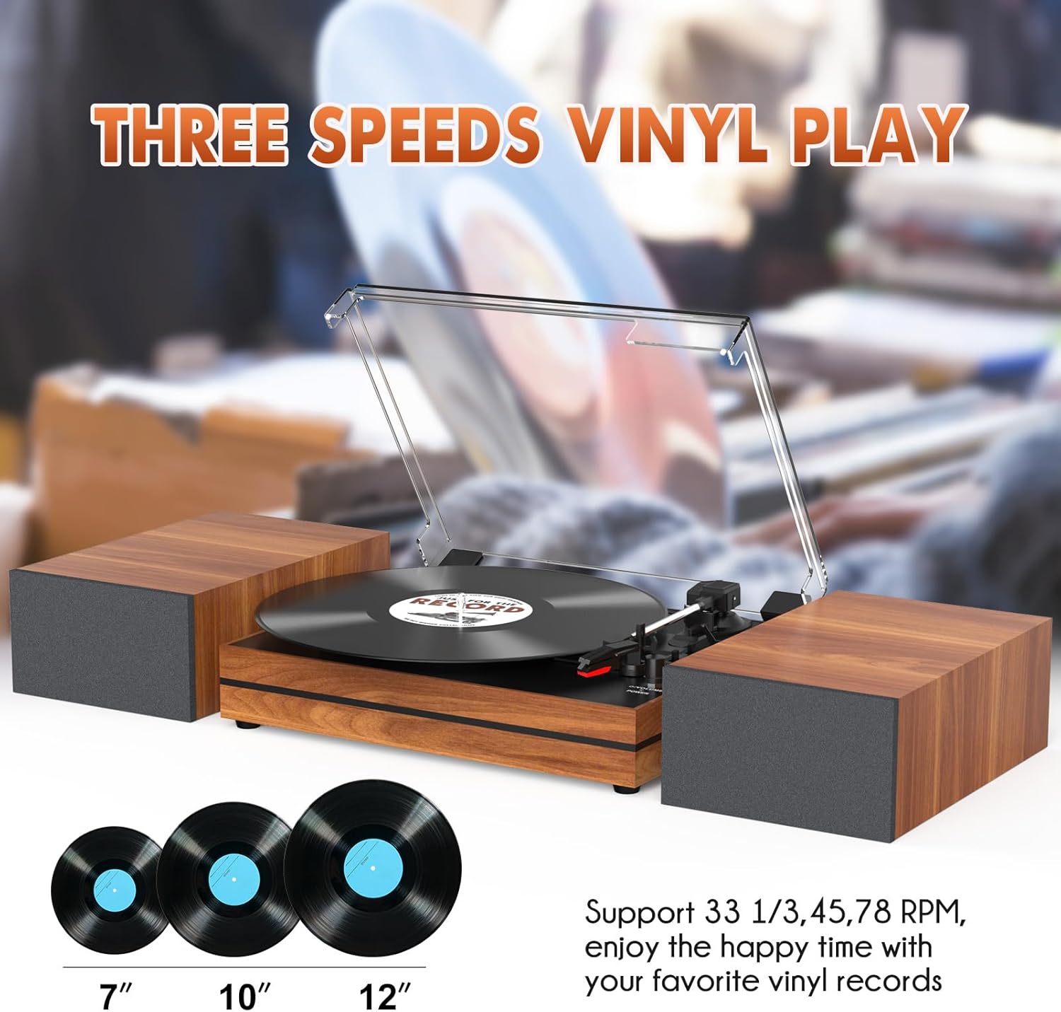 Tocadiscos vintage para vinilo con altavoces externos, tocadiscos de transmisión por correa con altavoces estéreo duales, entrada de auriculares