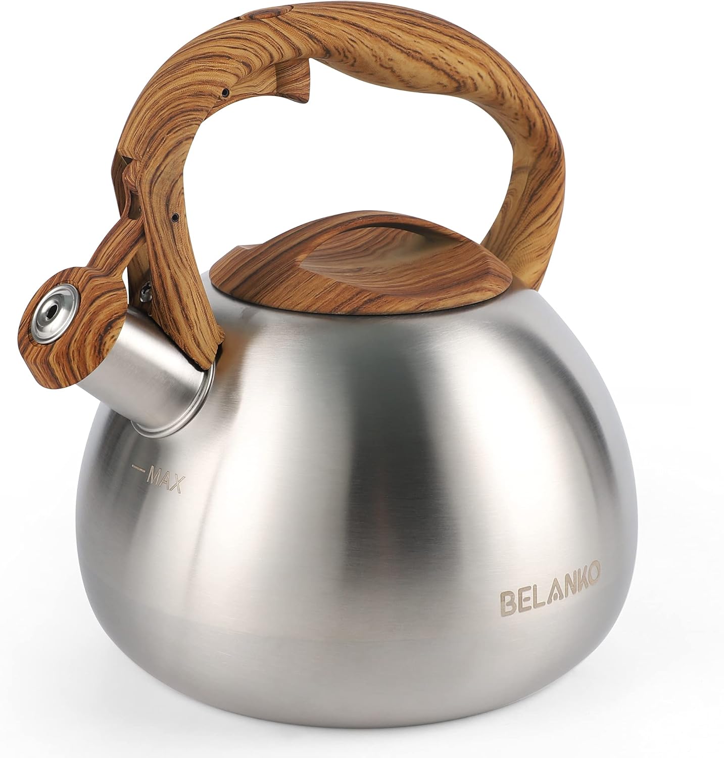 BELANKO – Hervidor de té silbante de 102 onzas  3 litros, ollas para estufa, acero inoxidable de grado alimenticio con mango de madera, silbato