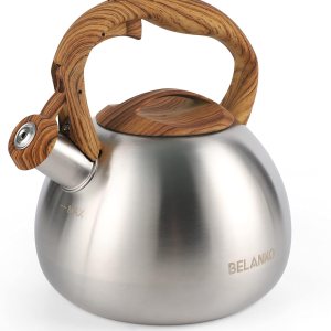 BELANKO – Hervidor de té silbante de 102 onzas 3 litros, ollas para estufa, acero inoxidable de grado alimenticio con mango de madera, silbato BELANKO – Hervidor de té silbante de 102 onzas 3 litros, ollas para estufa, acero inoxidable de grado alimenticio con mango de madera, silbato