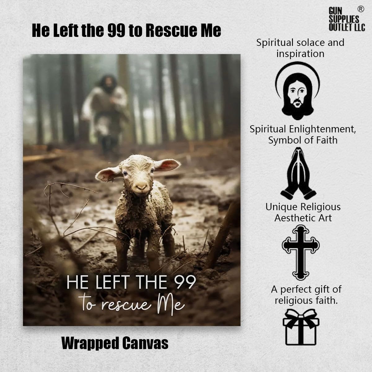 GUN SUPPLIES OUTLET LLC Arte de pared de Jesús con las ovejas Jesús corriendo tras el cordero, impresión en lienzo con texto en inglés “He Left the