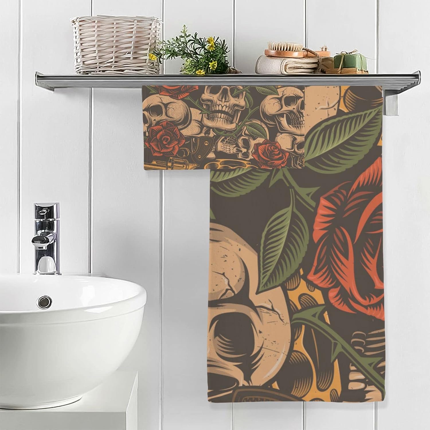 Skulls Guns Roses – Juego de toallas de baño de algodón para baño, juego de toallas suaves, 1 toalla de baño, 1 toallita suave, absorbente, para