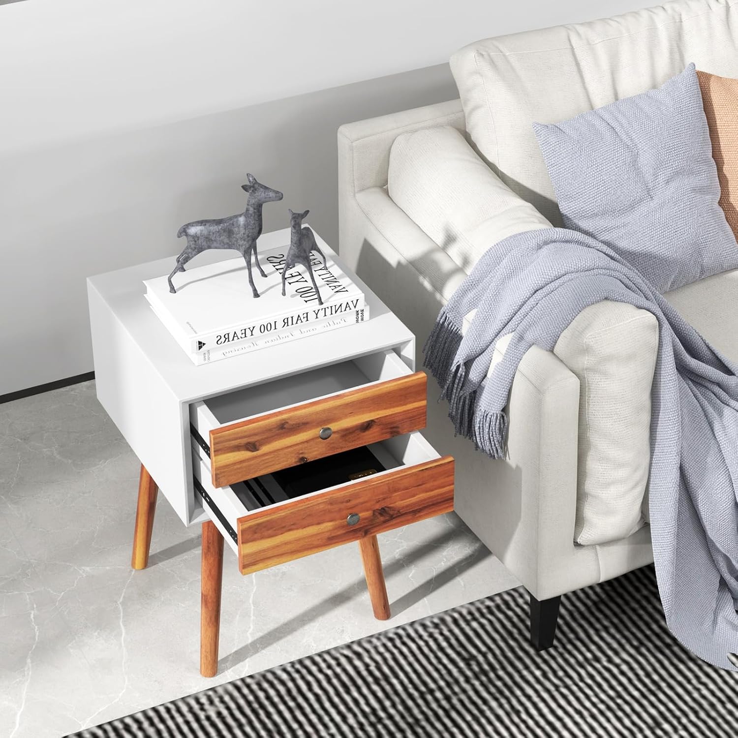 GOFLAME Mesita de noche con 2 cajones, pequeña mesa auxiliar de madera, moderna de mediados de siglo con almacenamiento, mesa auxiliar compacta para