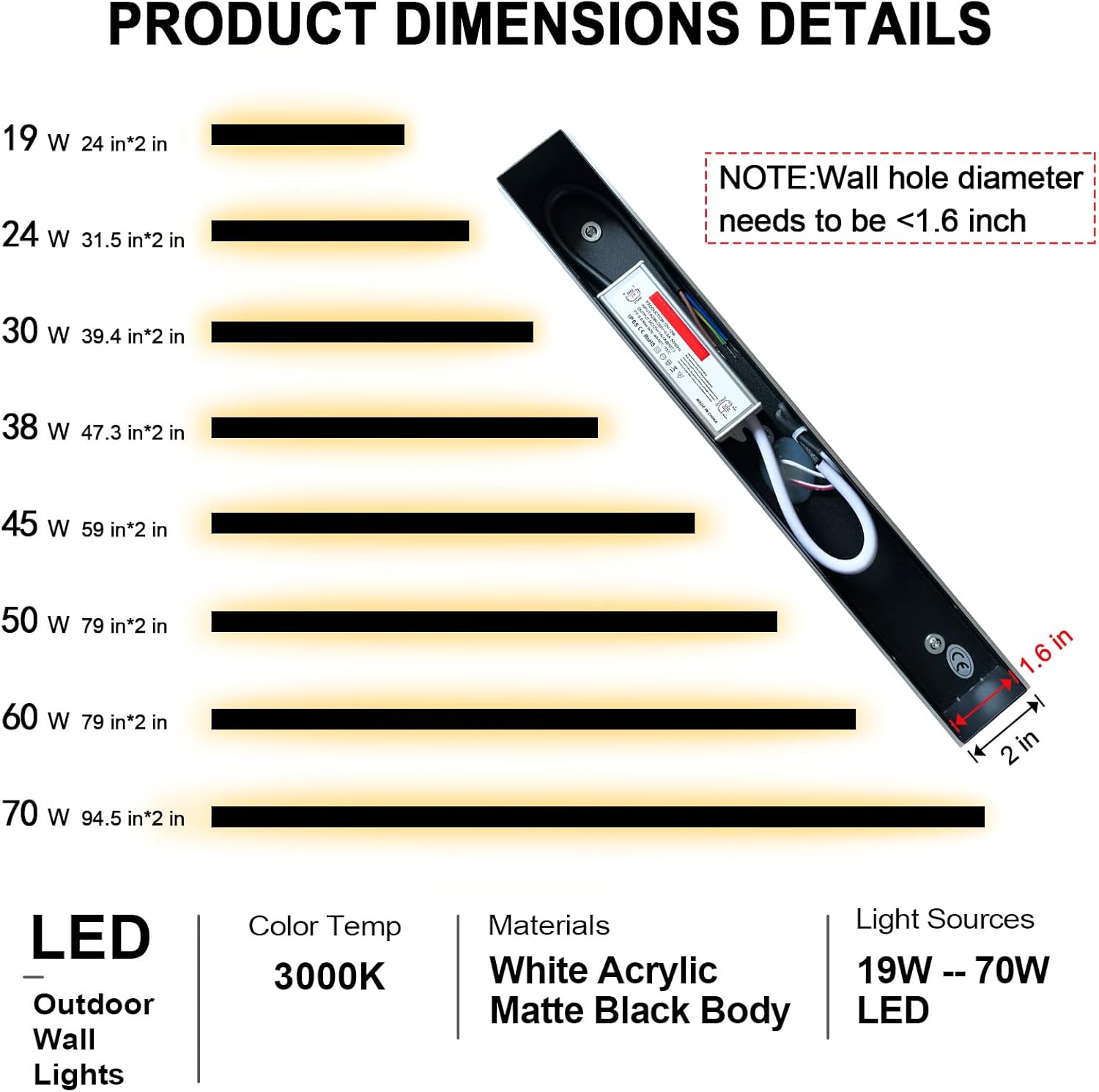 GREMLBUK Paquete de 2 lámparas de pared para exteriores de 59 pulgadas, aplique de pared LED largo para exteriores, lámpara de pared moderna de 3000