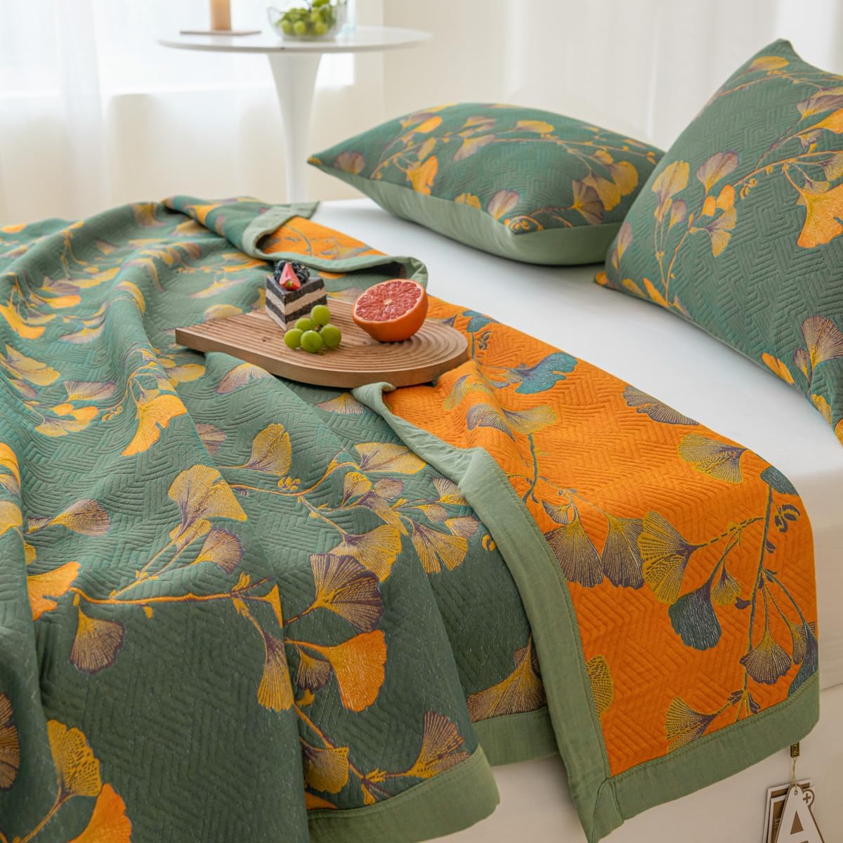Purefair Edredón jacquard 100% algodón con estampado floral de hojas de ginkgo, funda de cama de muselina suave de 3 capas, colcha reversible