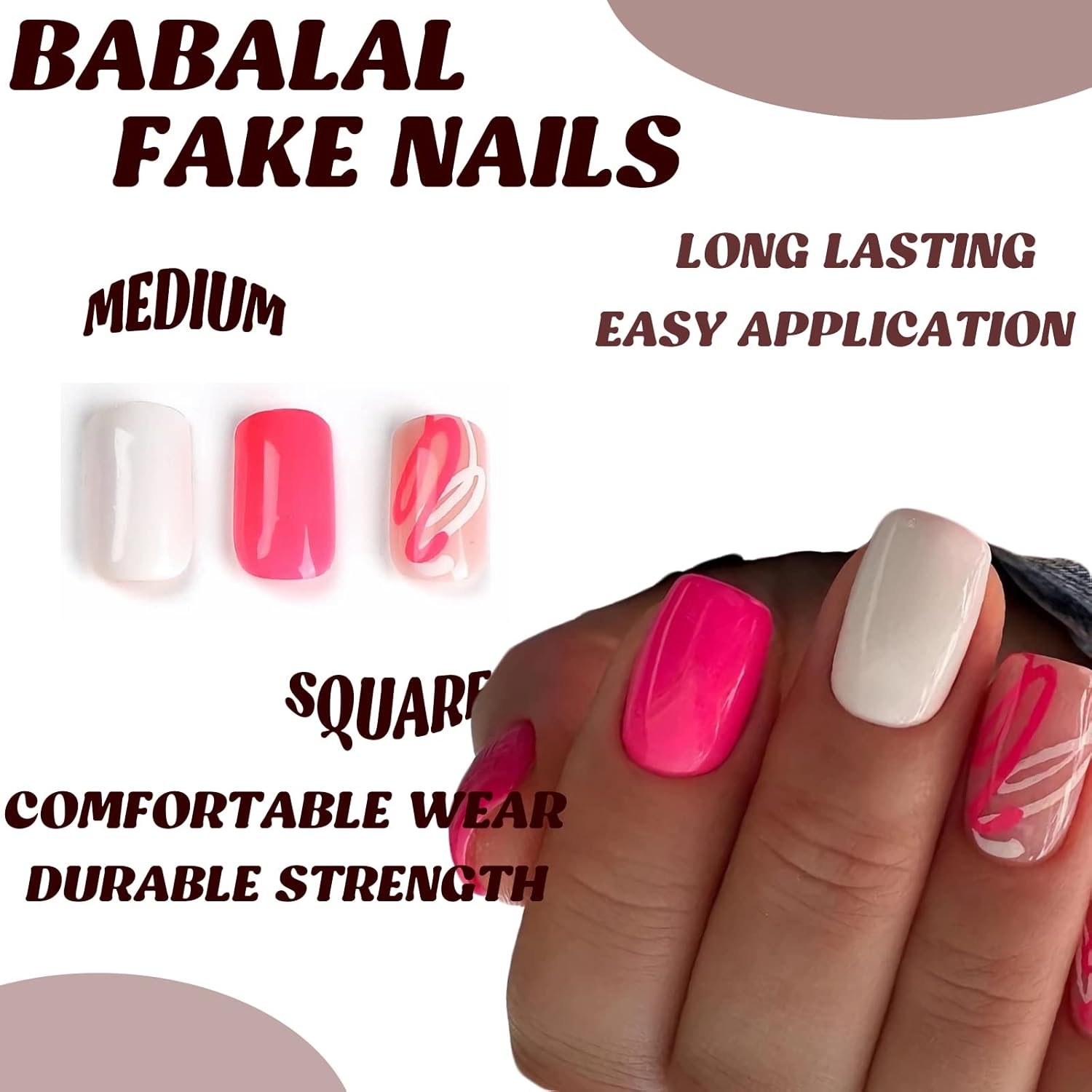 BABALAL Uñas postizas cuadradas a presión, medianas, color rosa intenso, para el verano, uñas acrílicas cuadradas ovaladas brillantes para mujeres y