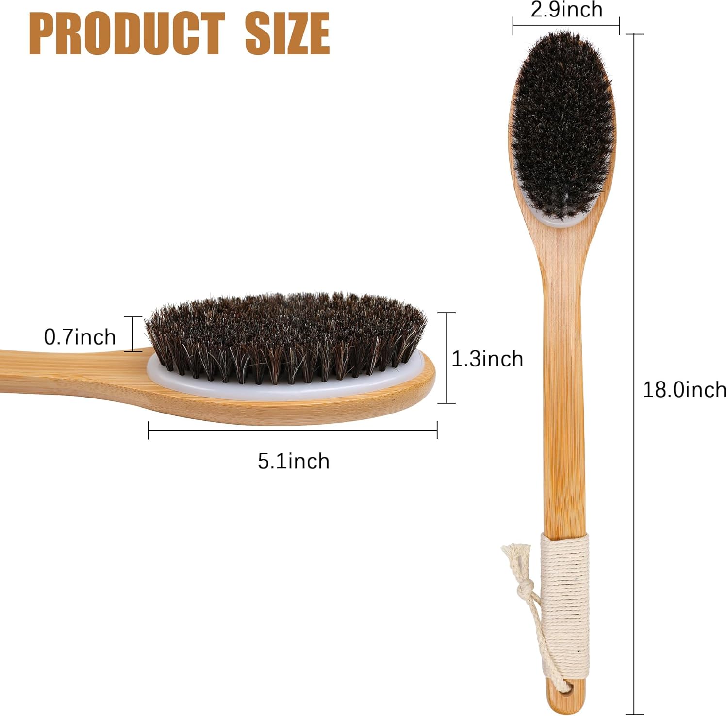 OWIIZI Cepillo de baño de crin de bambú, curvado, mango largo, antideslizante, cepillo corporal para exfoliación, limpiador de ducha de melena