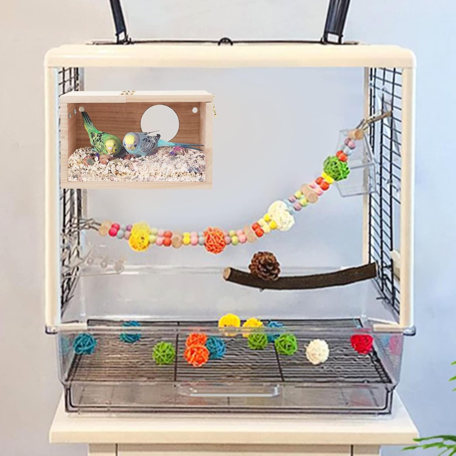 Rypet Caja de nido de periquitos con diseño transparente, caja de cría de nido de pájaros con perca de madera para pájaros de cacatúa, agapornis,