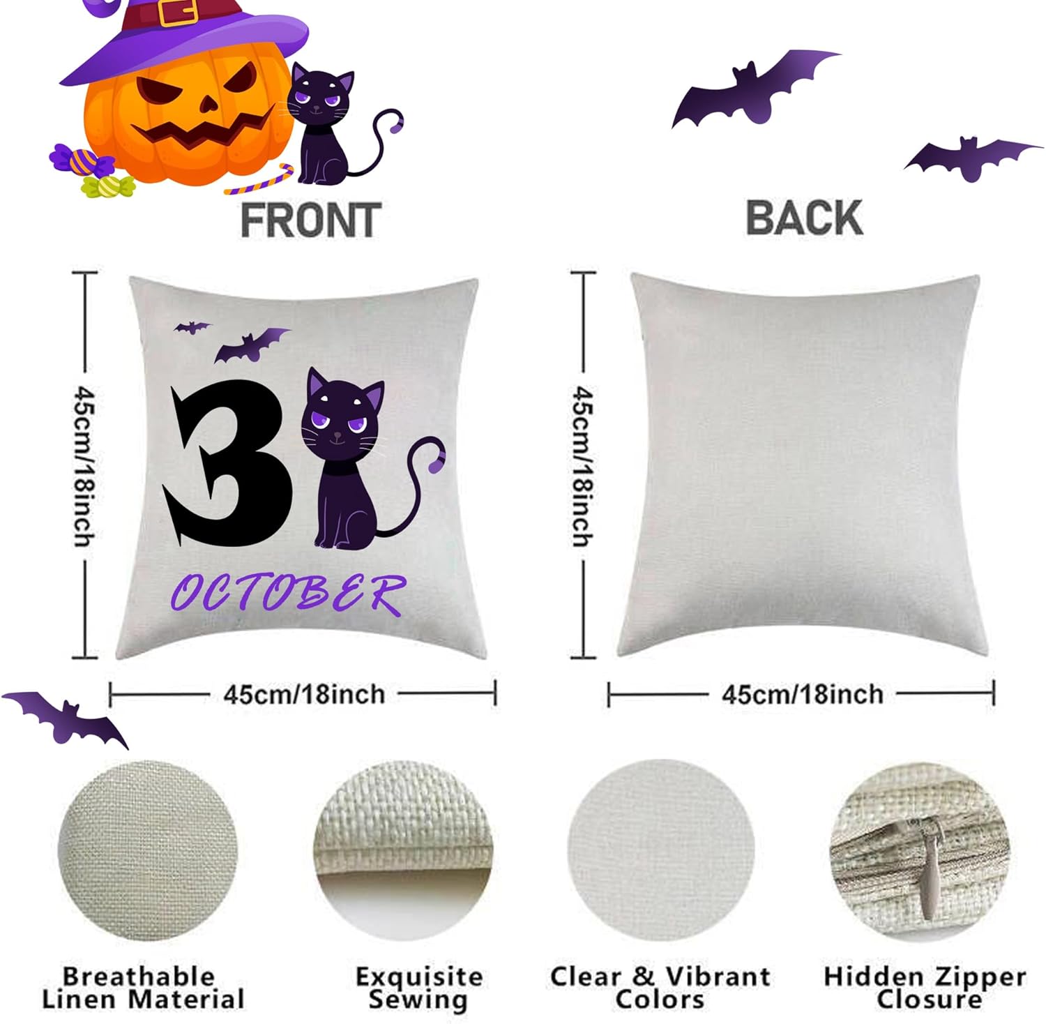 Juego de 4 fundas de almohada de Halloween de 18 x 18 pulgadas para decoración de Halloween, decoración de interiores y exteriores, suministros de