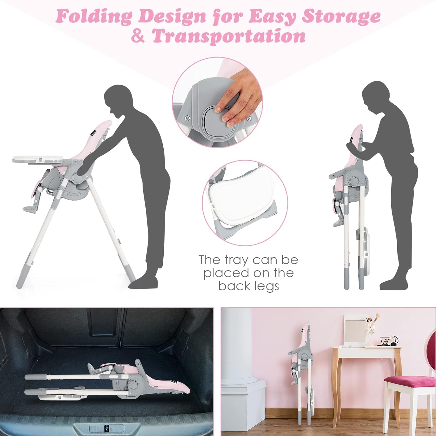 INFANS Silla alta para bebés y niños pequeños, silla alta plegable con respaldo ajustable múltiple, reposapiés y altura del asiento, bandeja